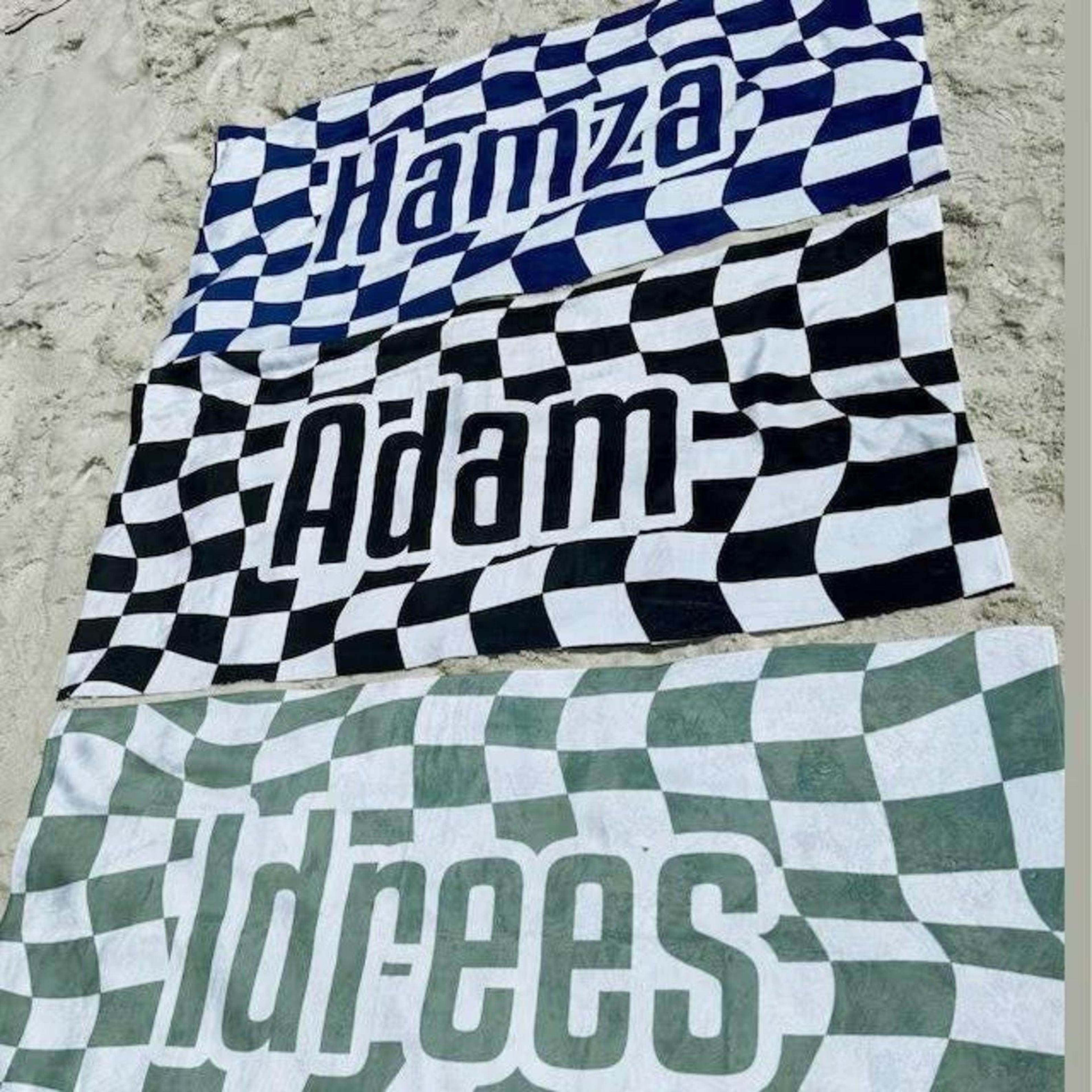 personalized retro checker beach towel – custom name poolside & vacation gift