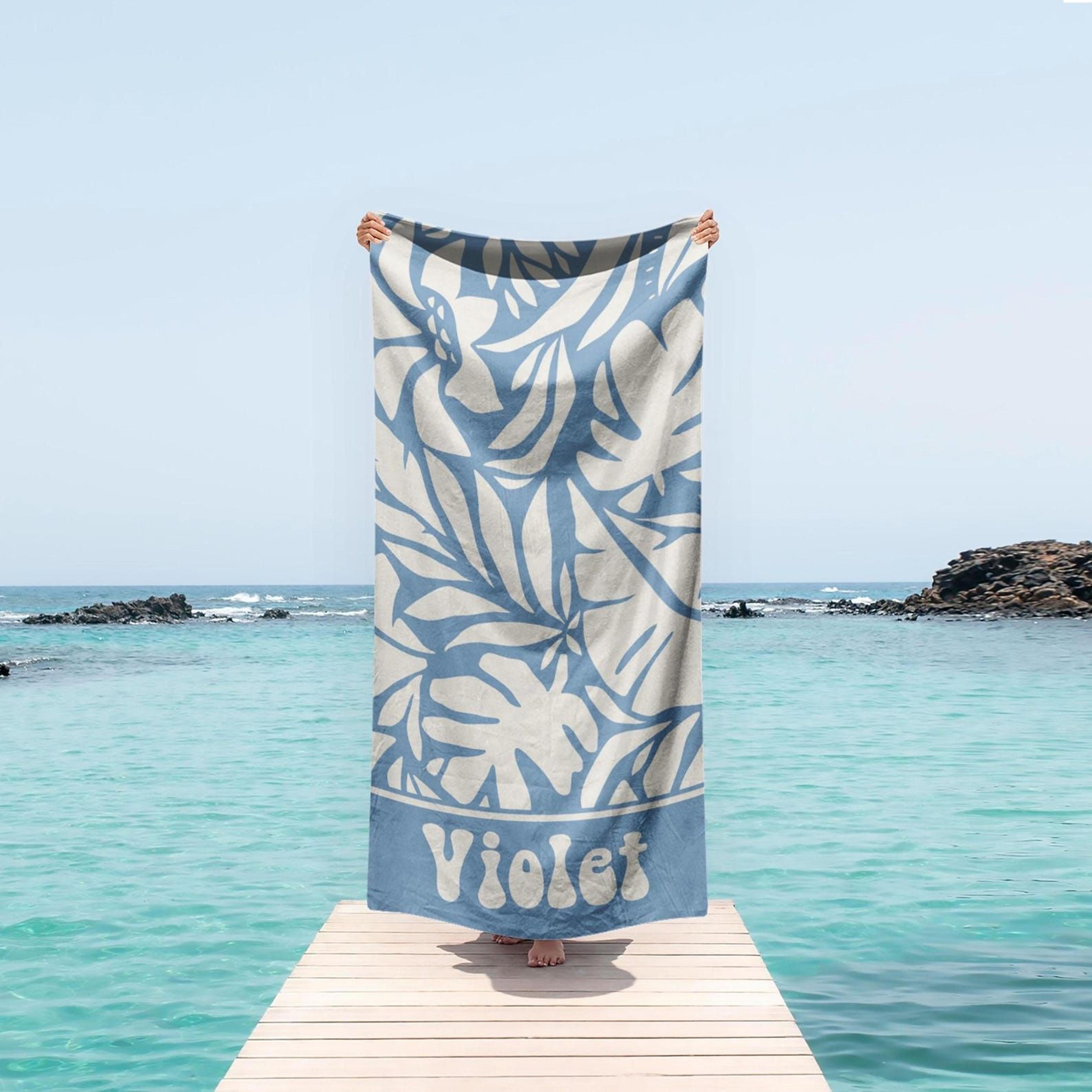 personalized retro leaf beach towel – custom name geometric poolside & vacation gift