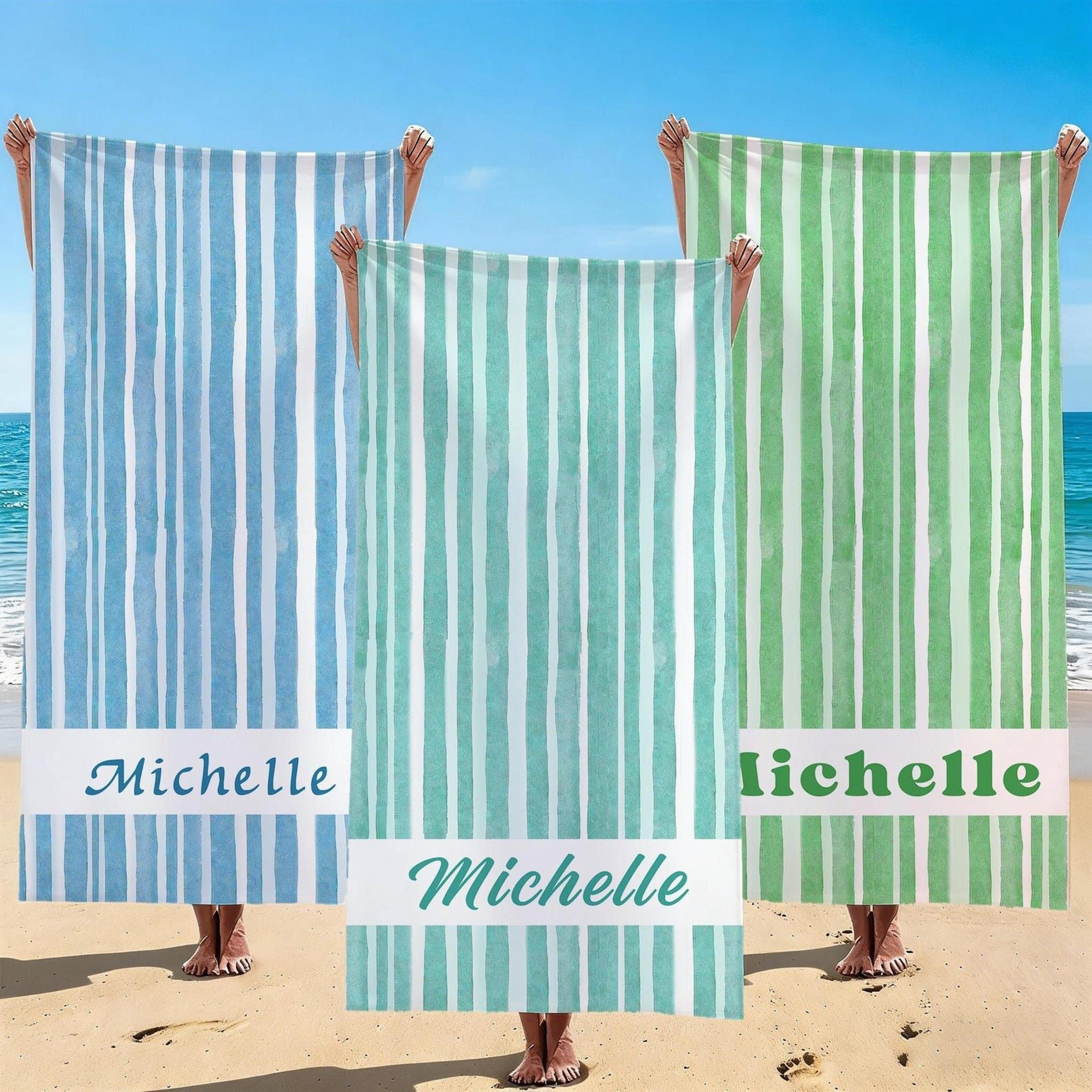 personalized bride tribe beach towel – custom name striped beach towel for bridesmaids & bachelorette trips