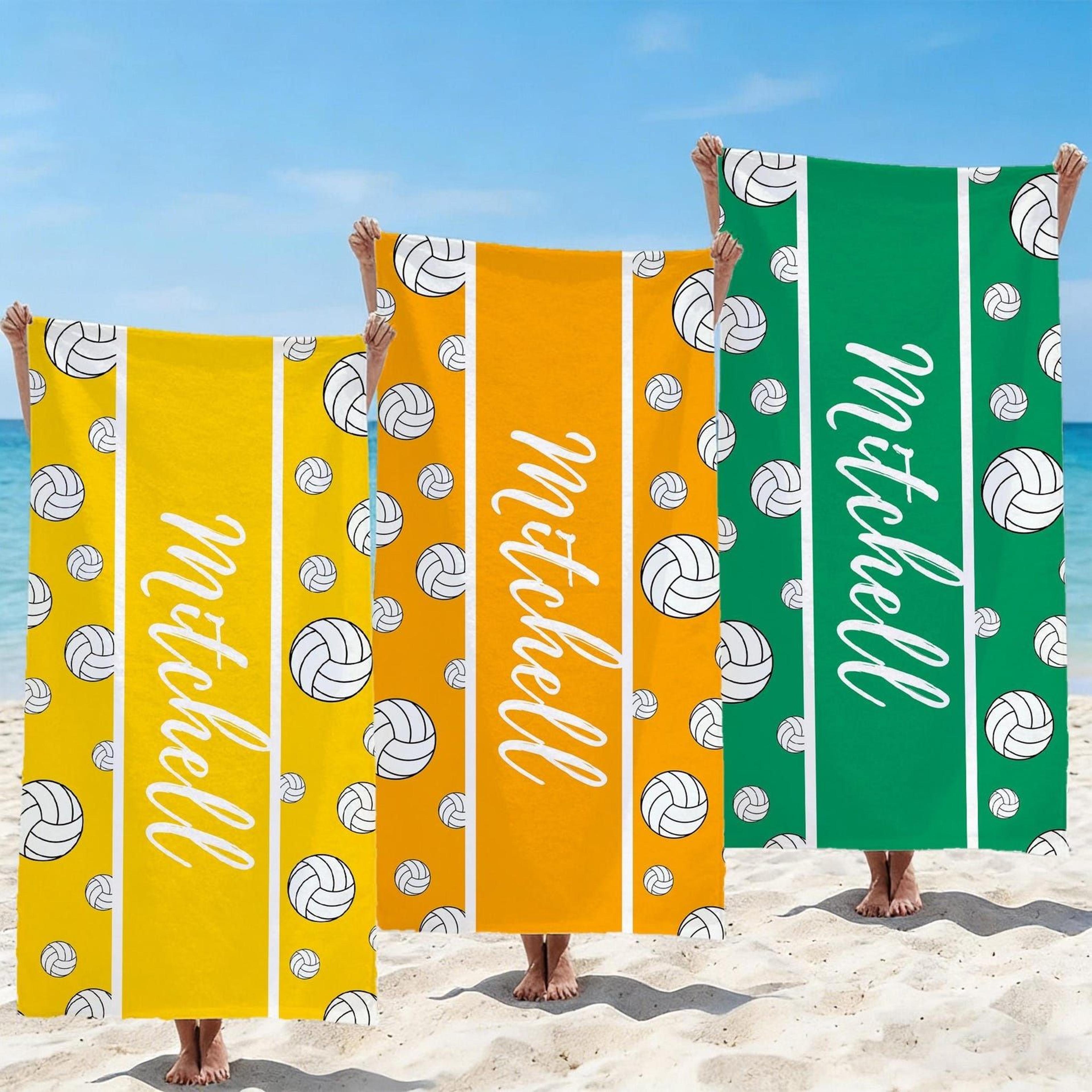 personalized volleyball team beach towel – custom name striped pool towel for players & senior trips
