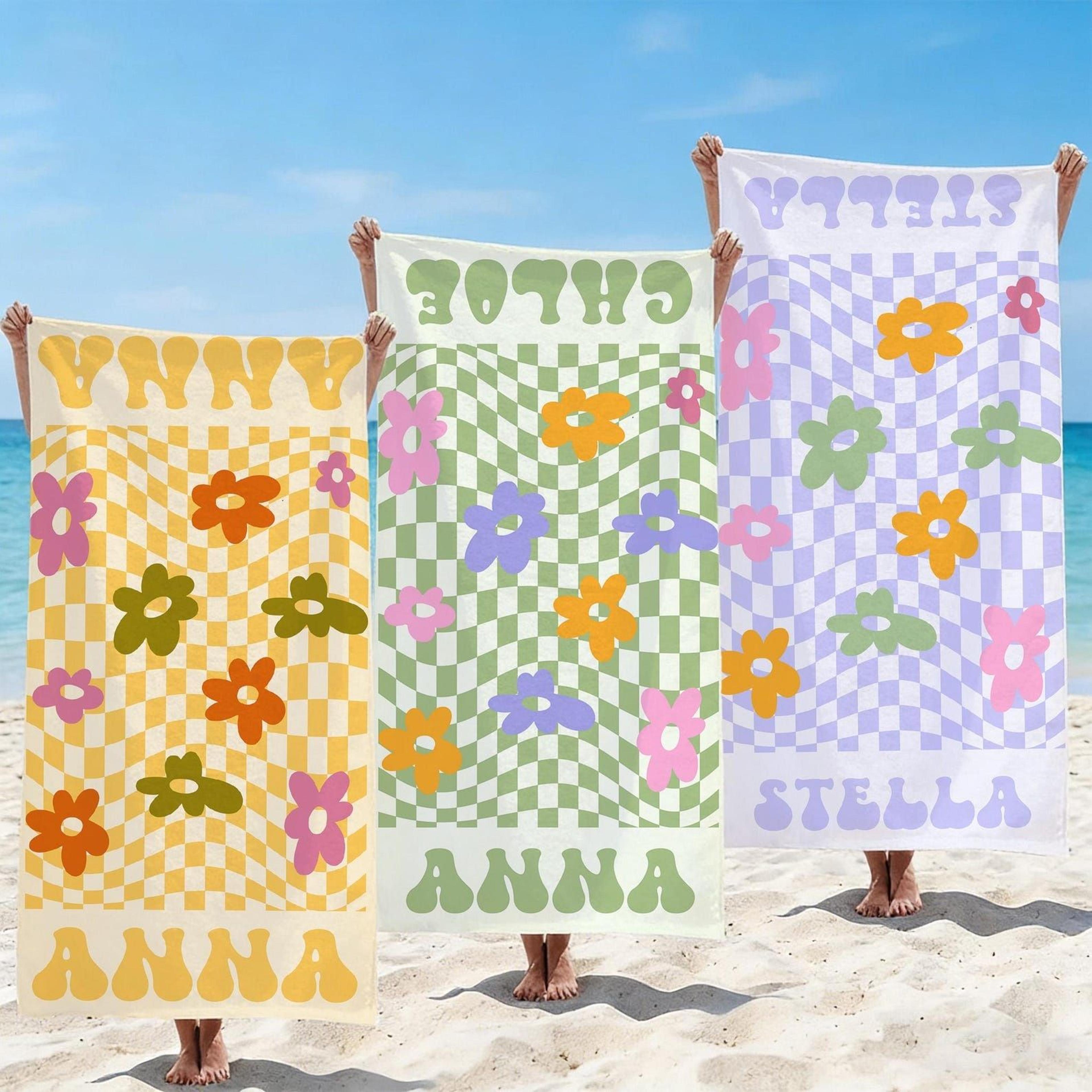 personalized retro floral beach towel – custom name checked pool towel for brides, girls trips & summer getaways