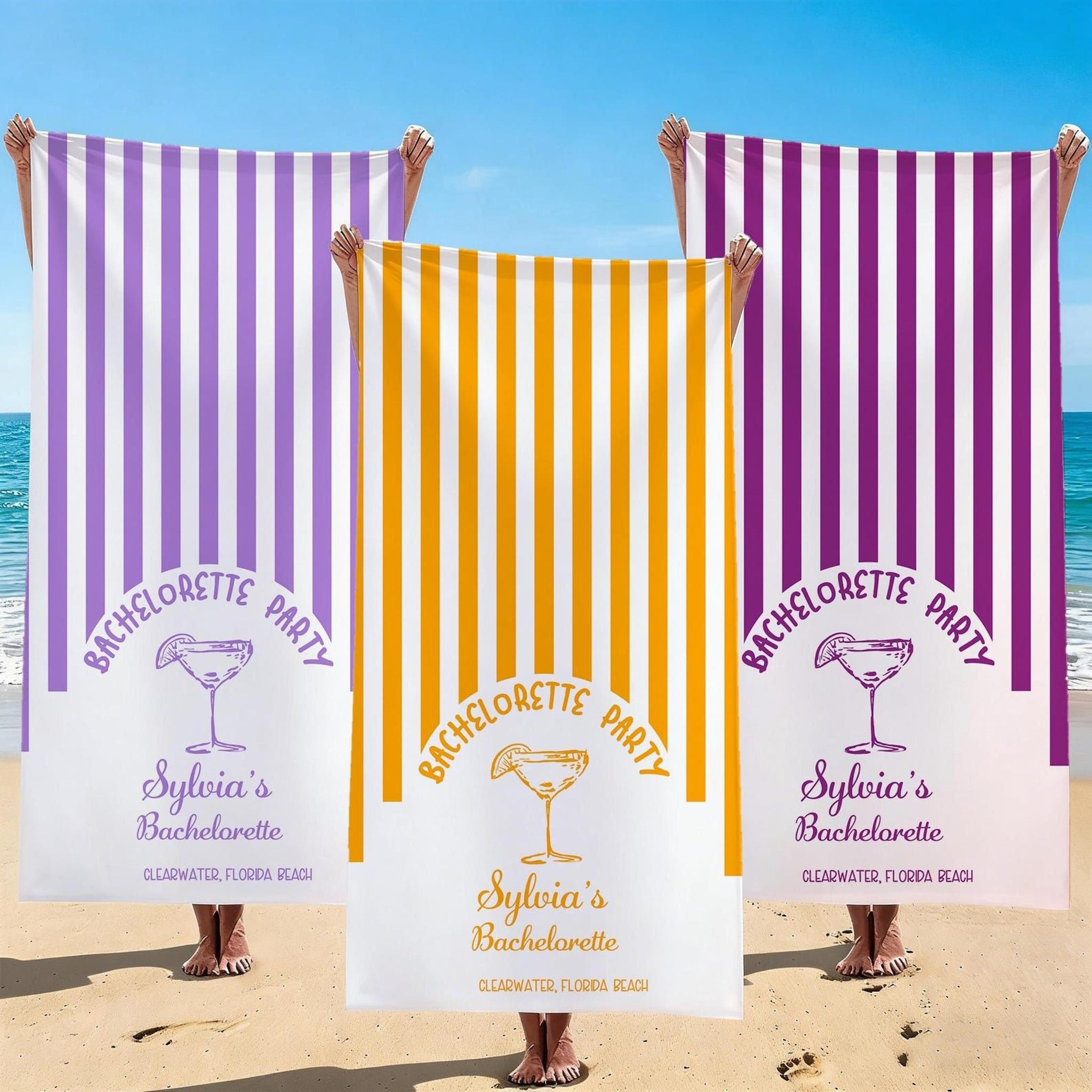personalized bride tribe beach towel – custom name bachelorette beach towel for bridesmaids & bridal getaways