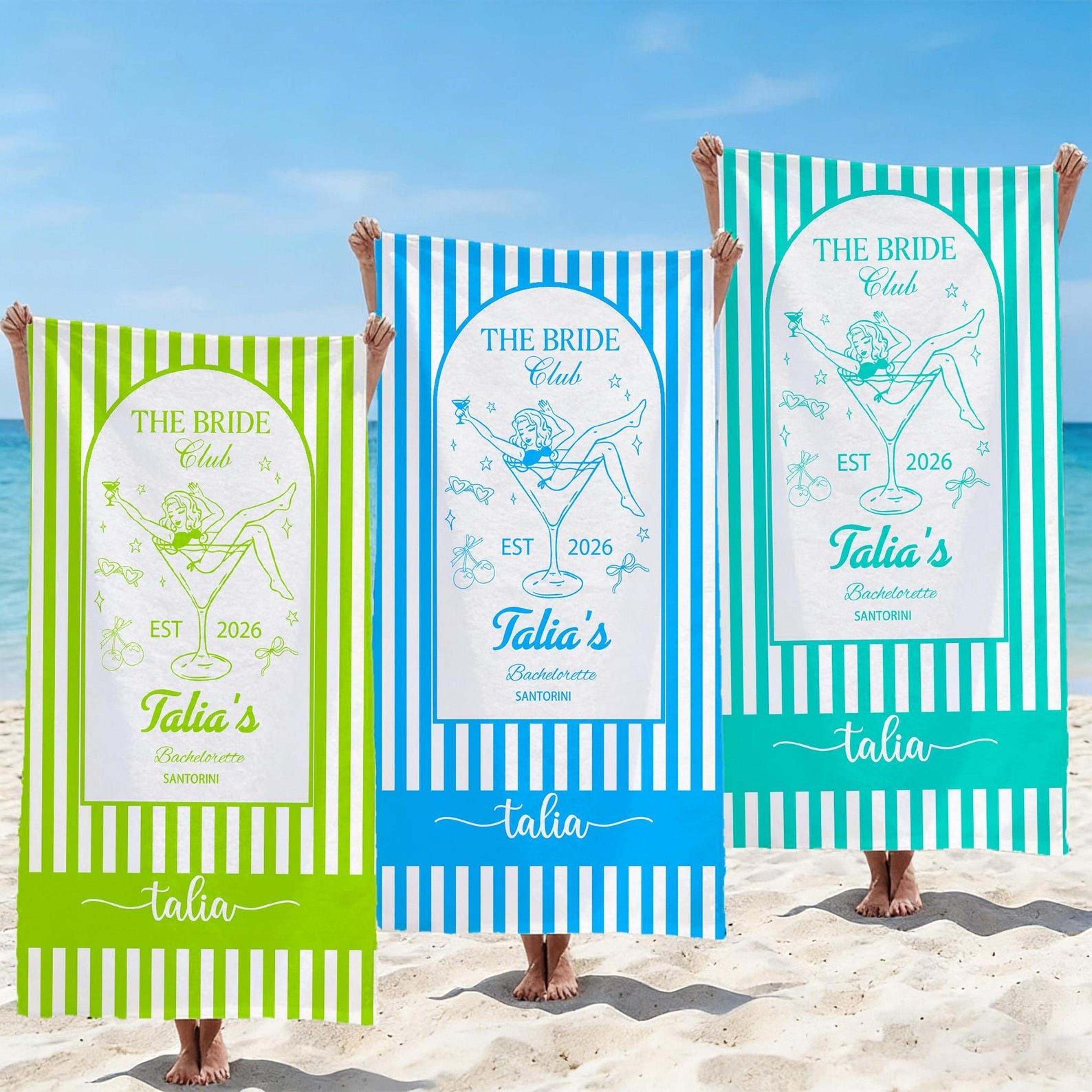personalized bride tribe beach towel – custom cocktail print towel for bridesmaids, bachelorette parties & beach trips