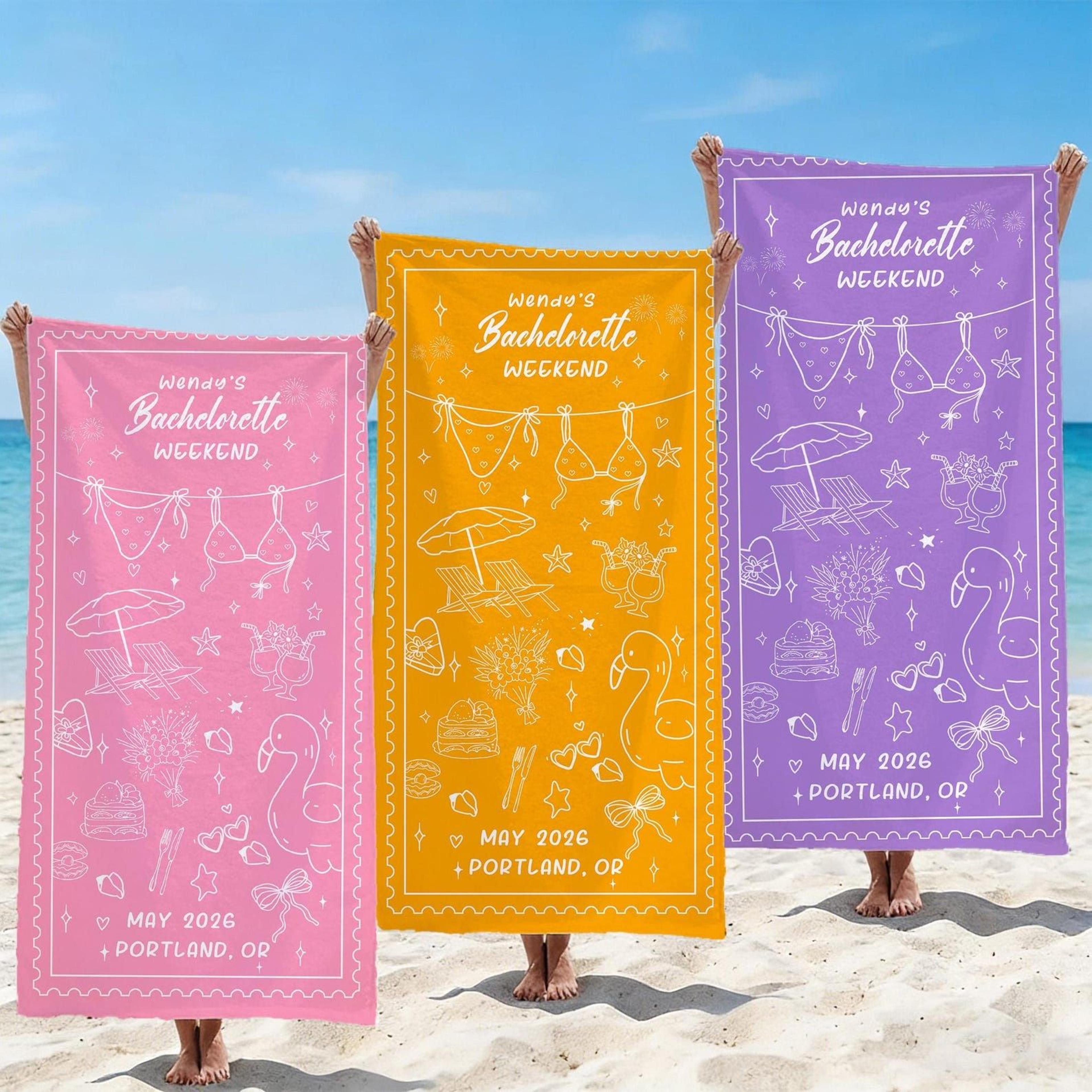 personalized birthday weekend beach towel – custom name cartoon towel gift for her & girls getaways