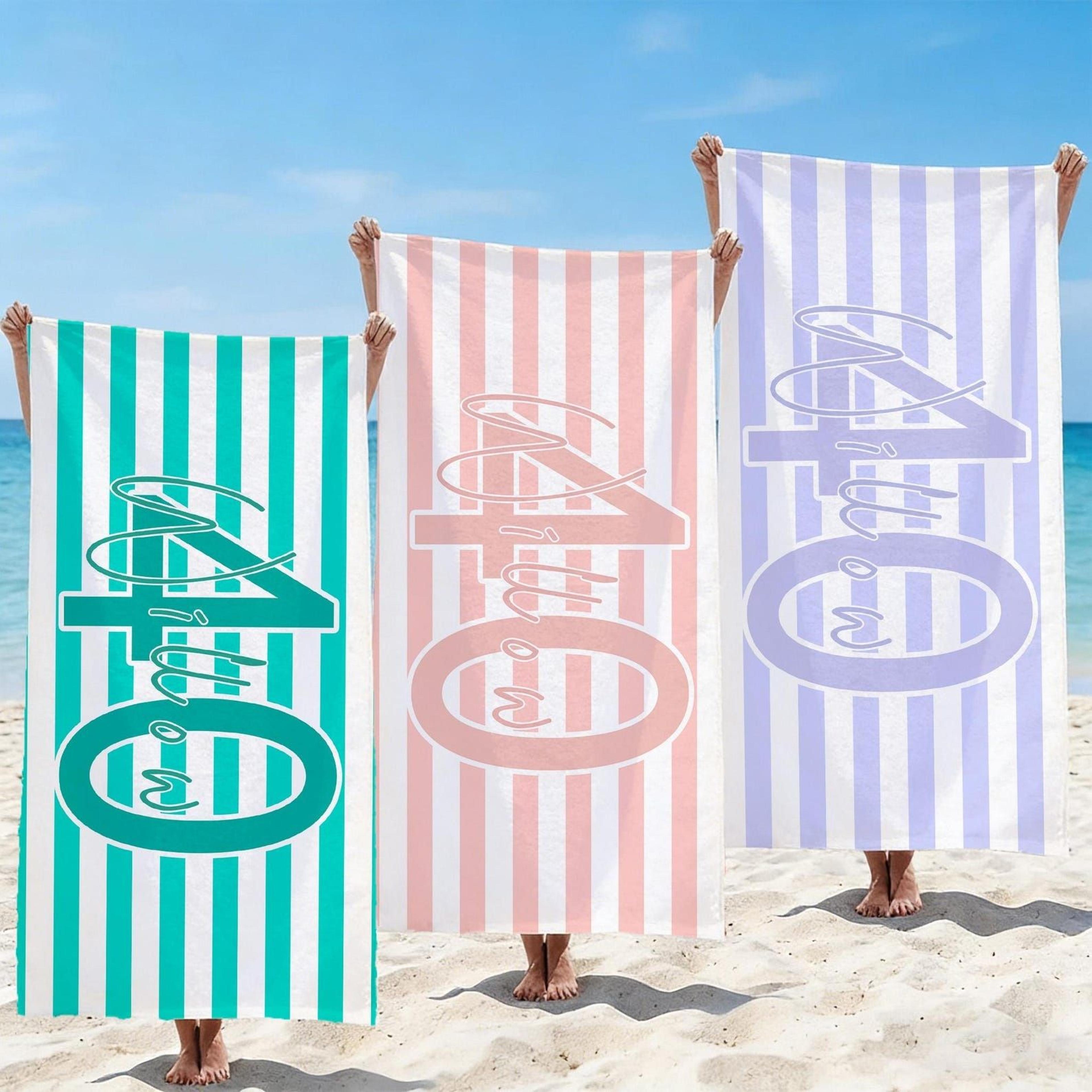 personalized birthday trip beach towel – custom name & age striped beach towel gift for her
