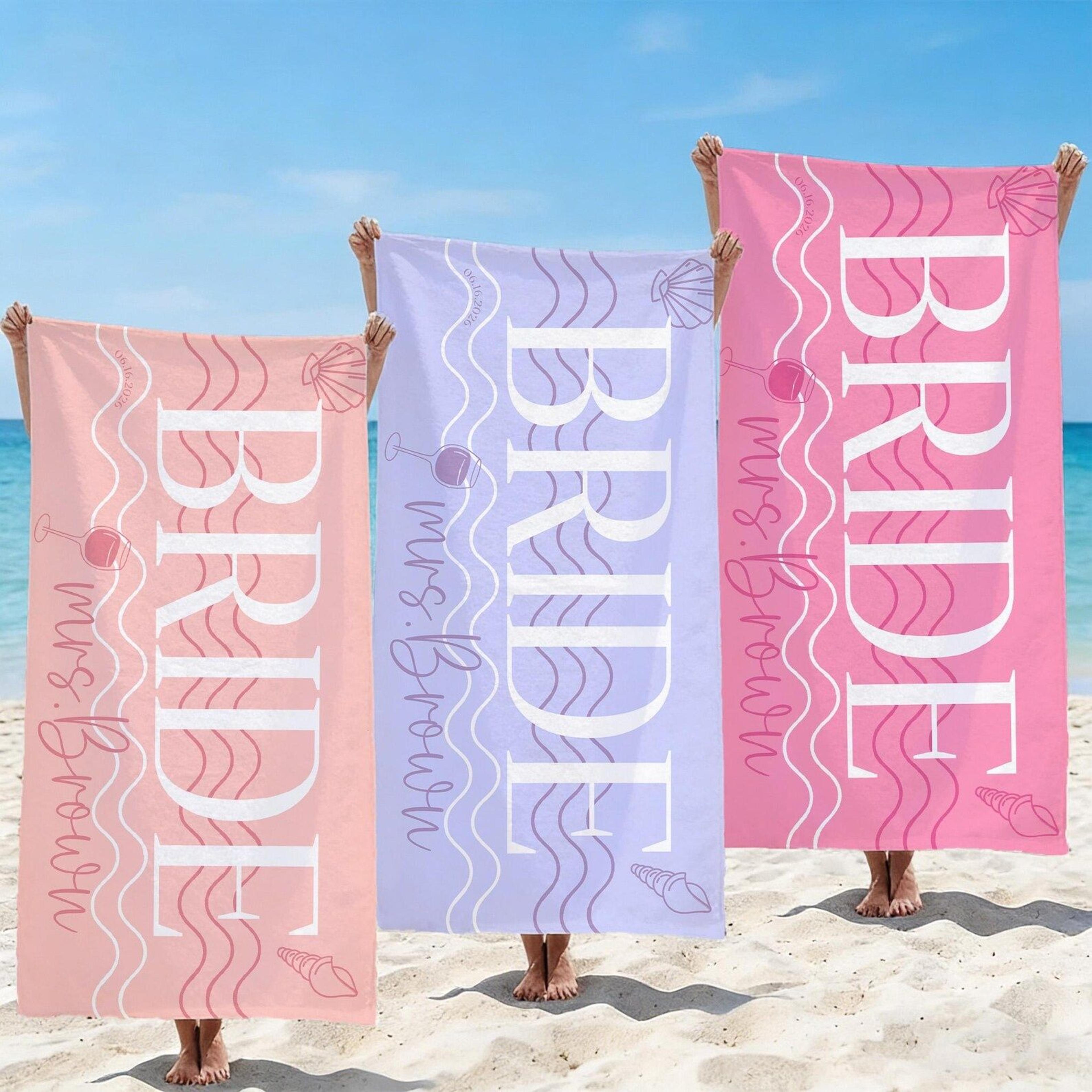 personalized bridal party beach towel – custom bride & bridesmaid towel for bachelorette trips and beach vacations