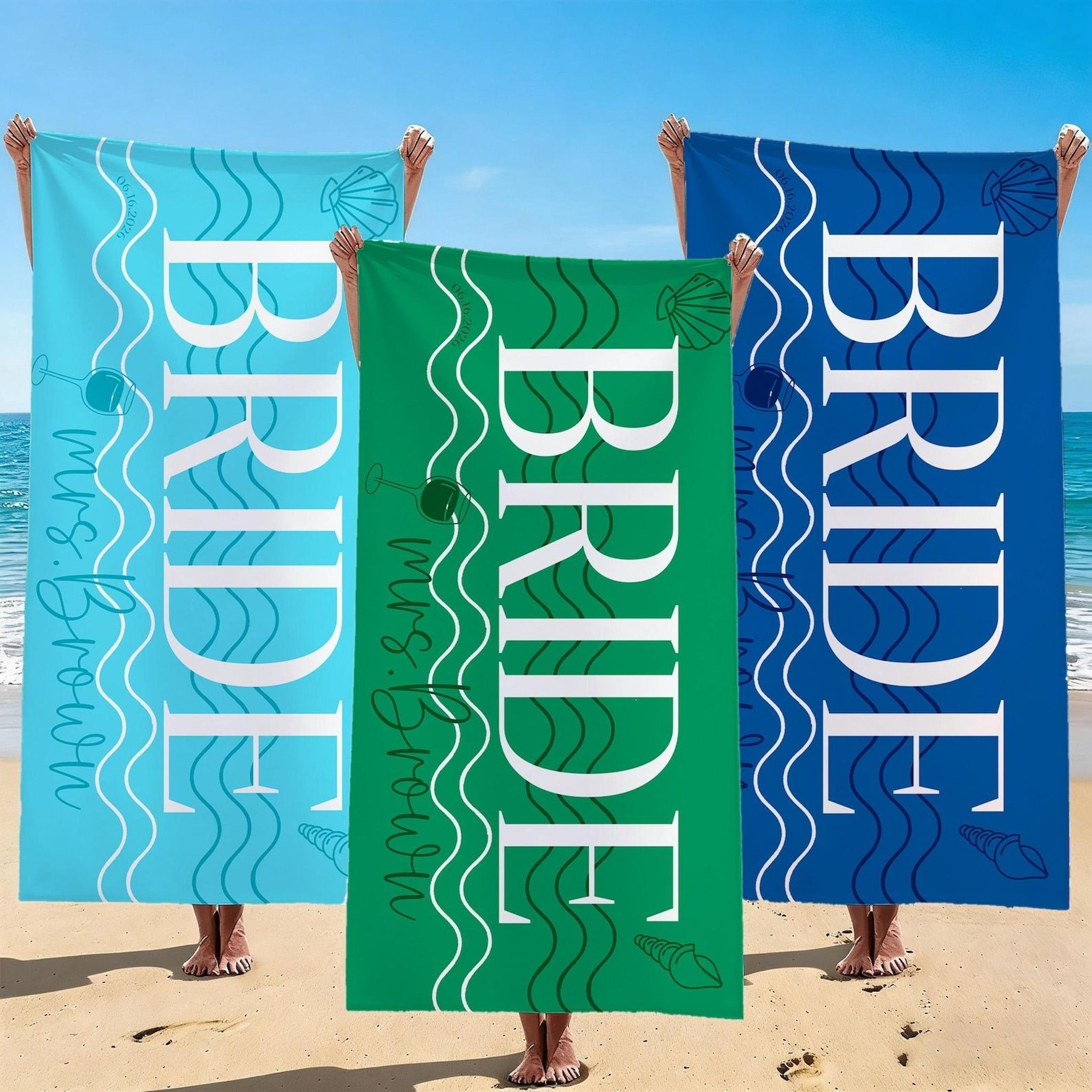 personalized bridal party beach towel – custom bride & bridesmaid wavy stripe towel for bachelorette trips