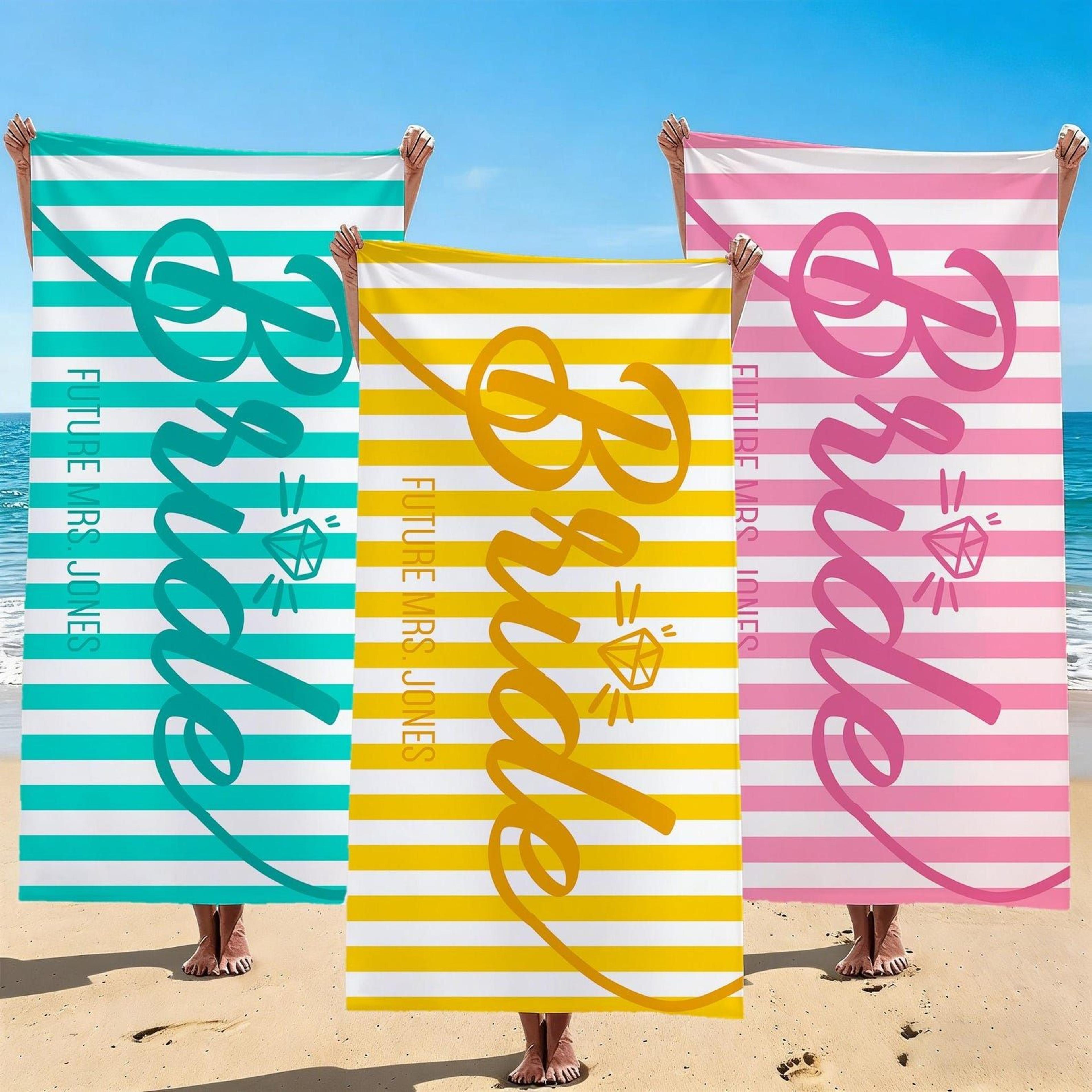 personalized bride name beach towel – custom diamond stripe beach towel for bridesmaids & bridal parties