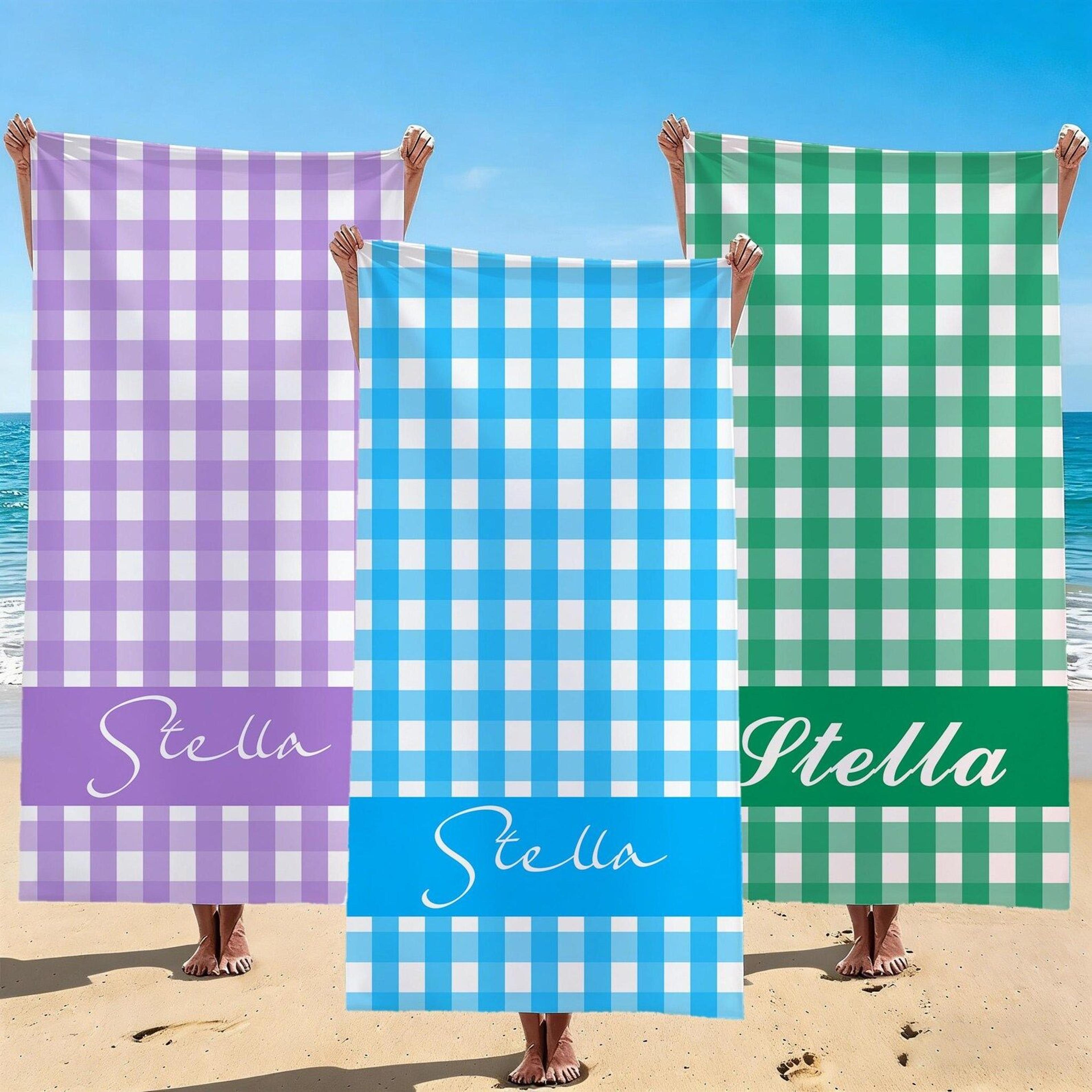 personalized checkered beach towel – custom name summer beach towel for bridal parties, girls trips & gifts