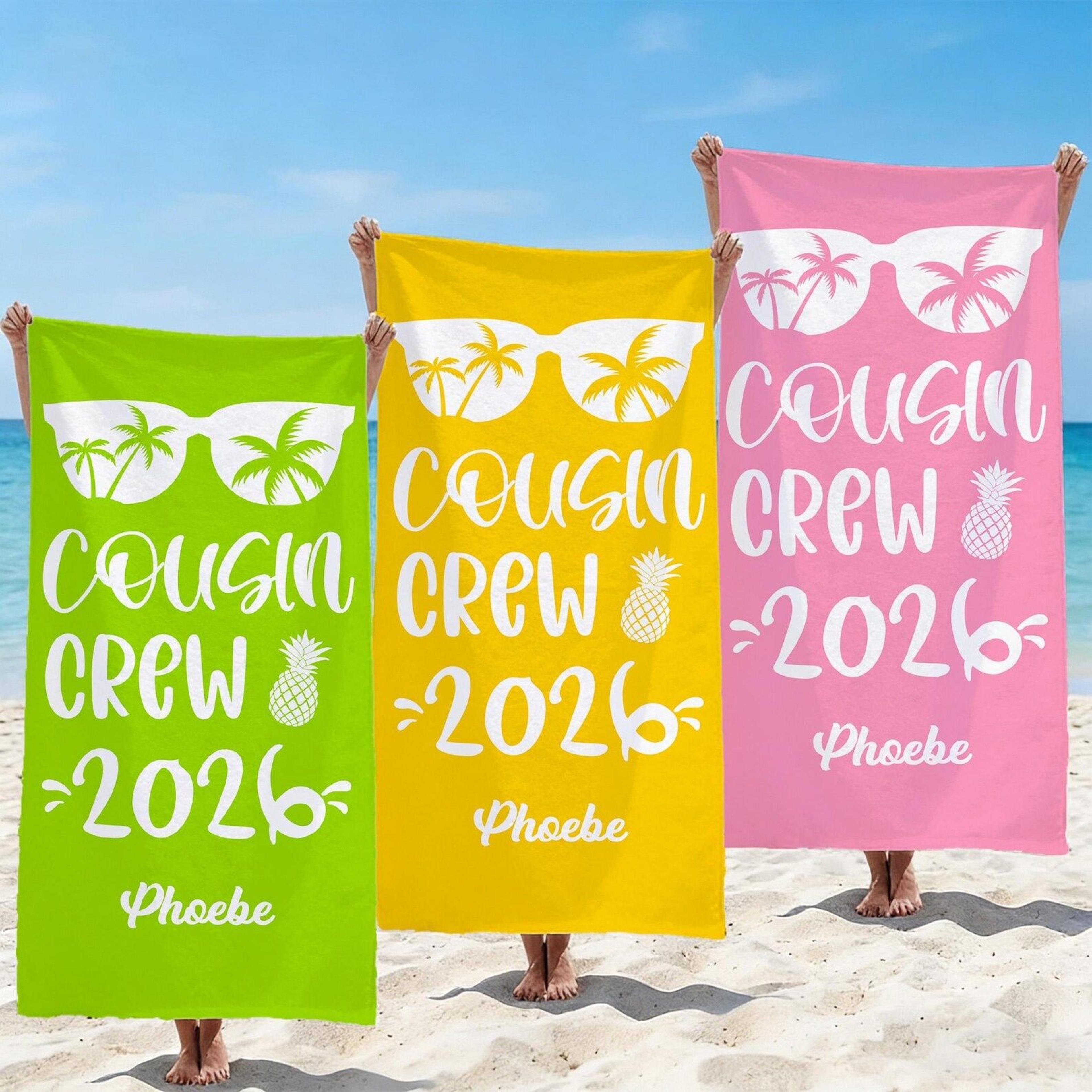 personalized colorful cousin crew beach towel – custom family trip towel with name & sunglasses design
