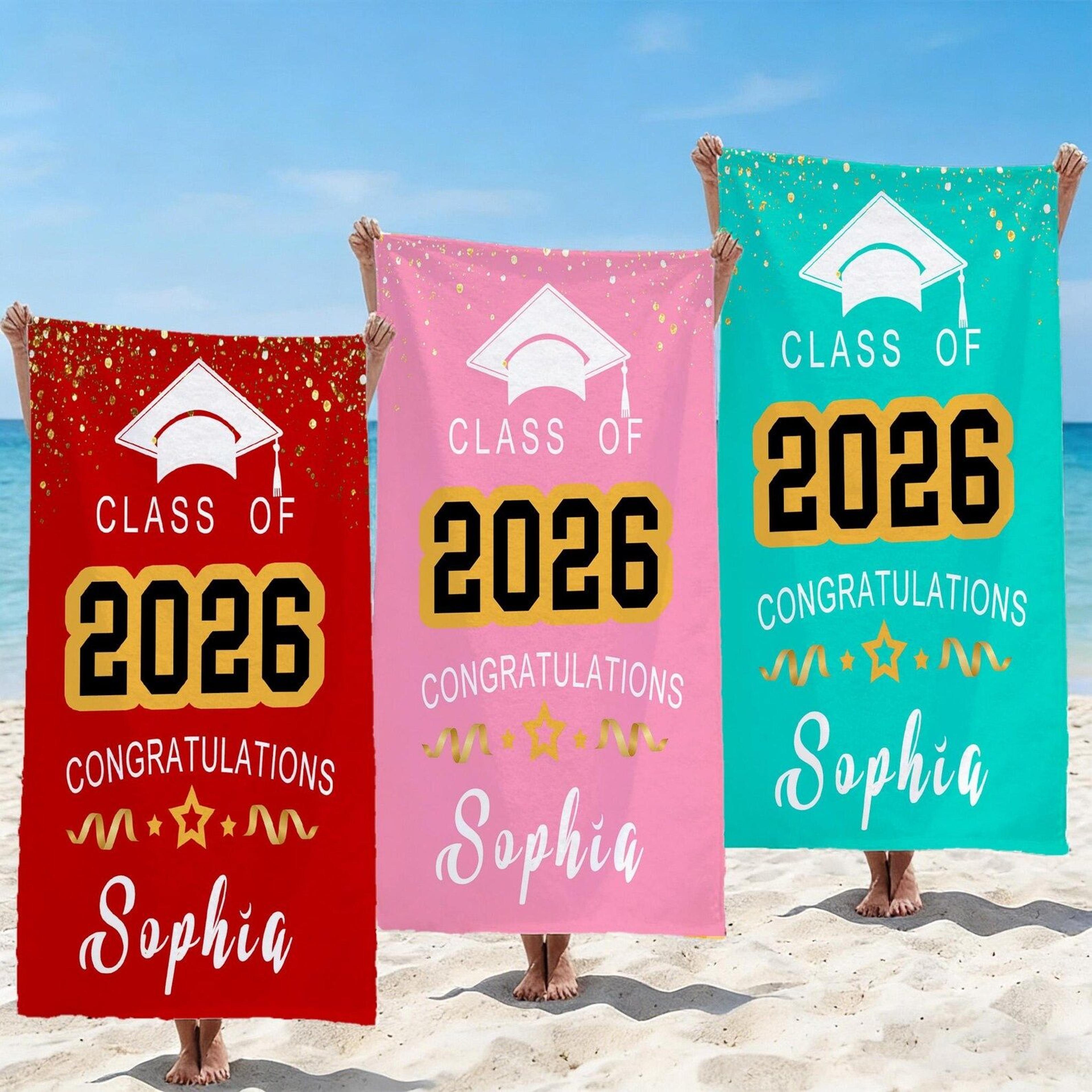 personalized class of 2026 beach towel – custom glitter name graduation towel with grad cap design