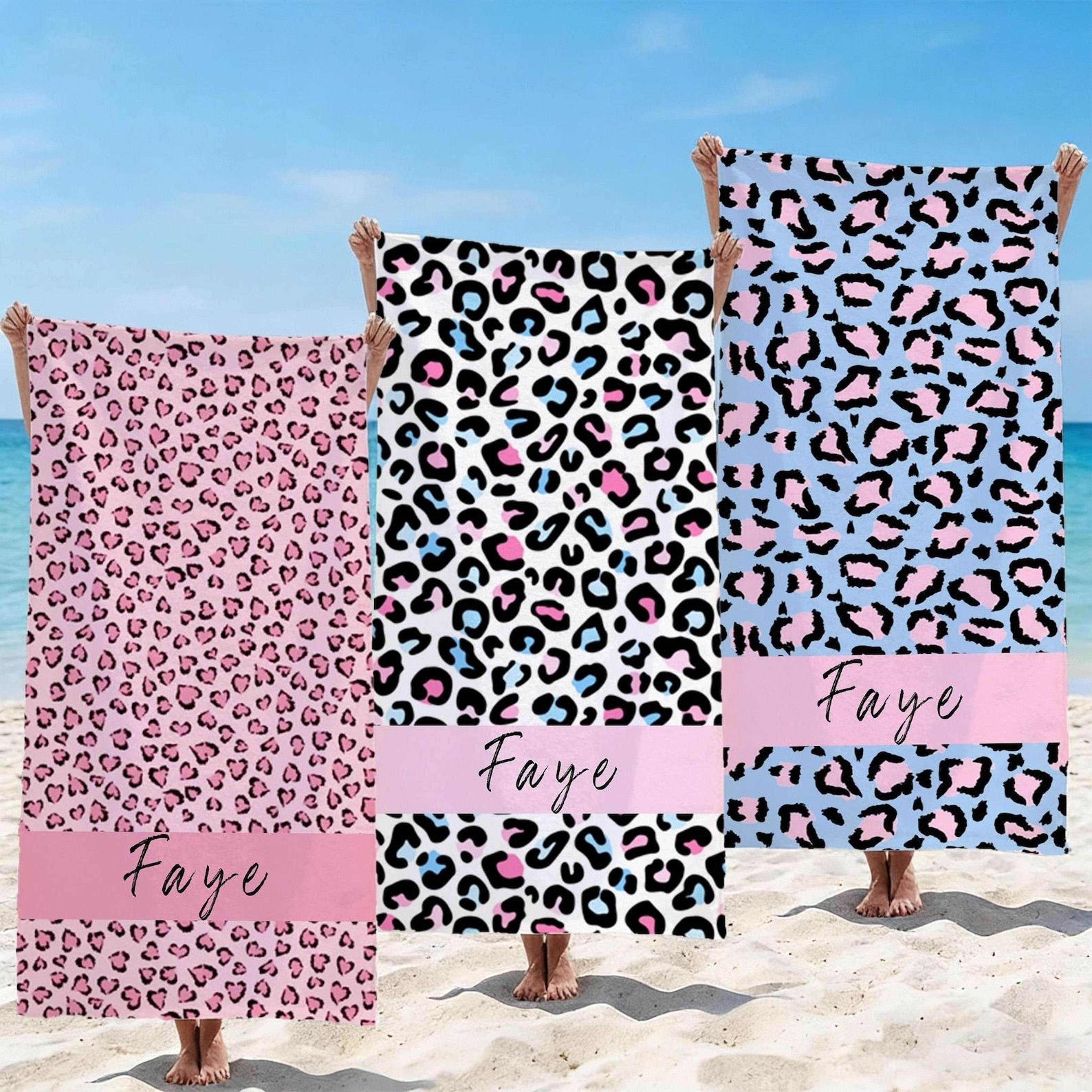 personalized leopard print beach towel – custom name bachelorette pool towel for girls trips & gifts