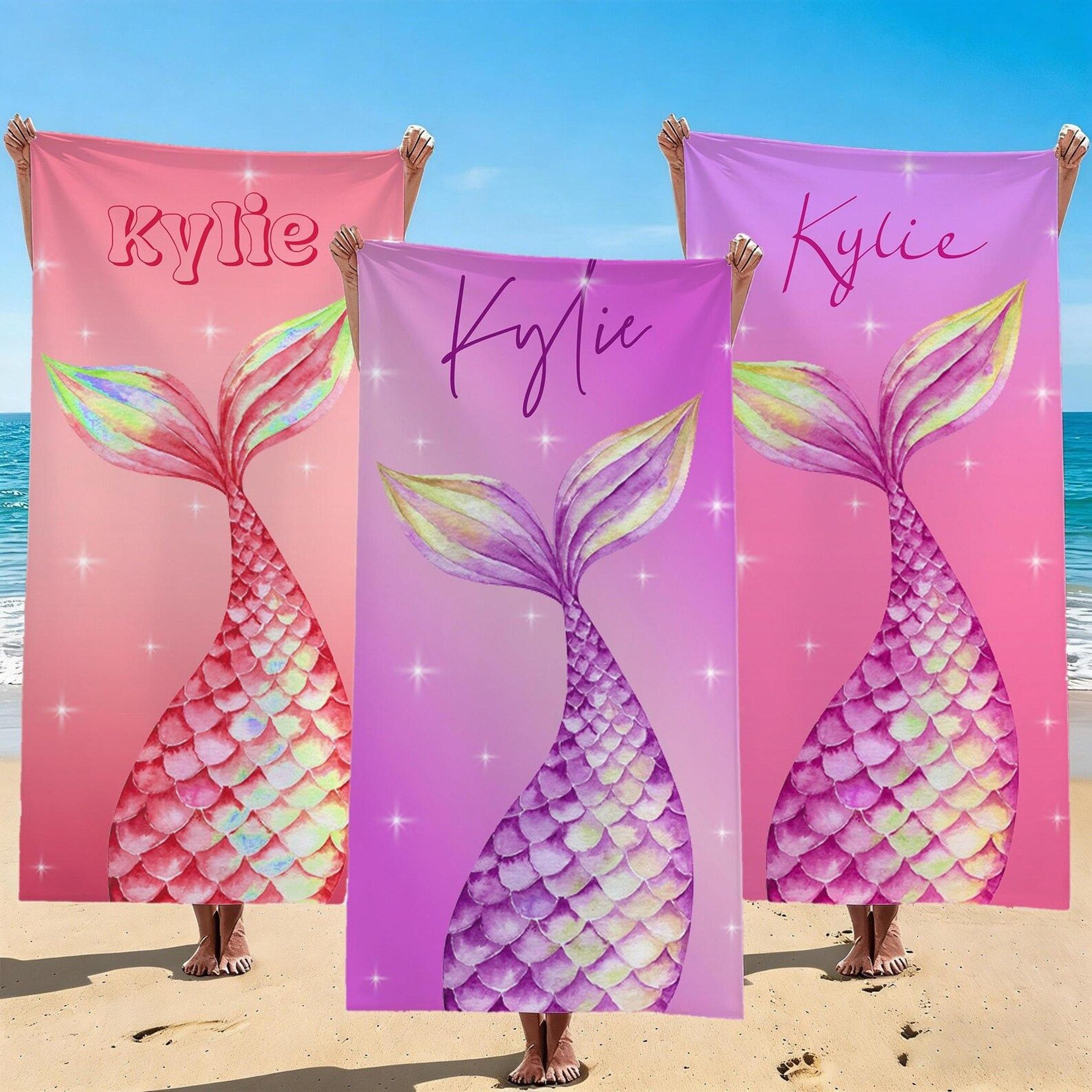 personalized mermaid tail beach towel – custom glitter mermaid pool towel for vacations, pool days & gifts