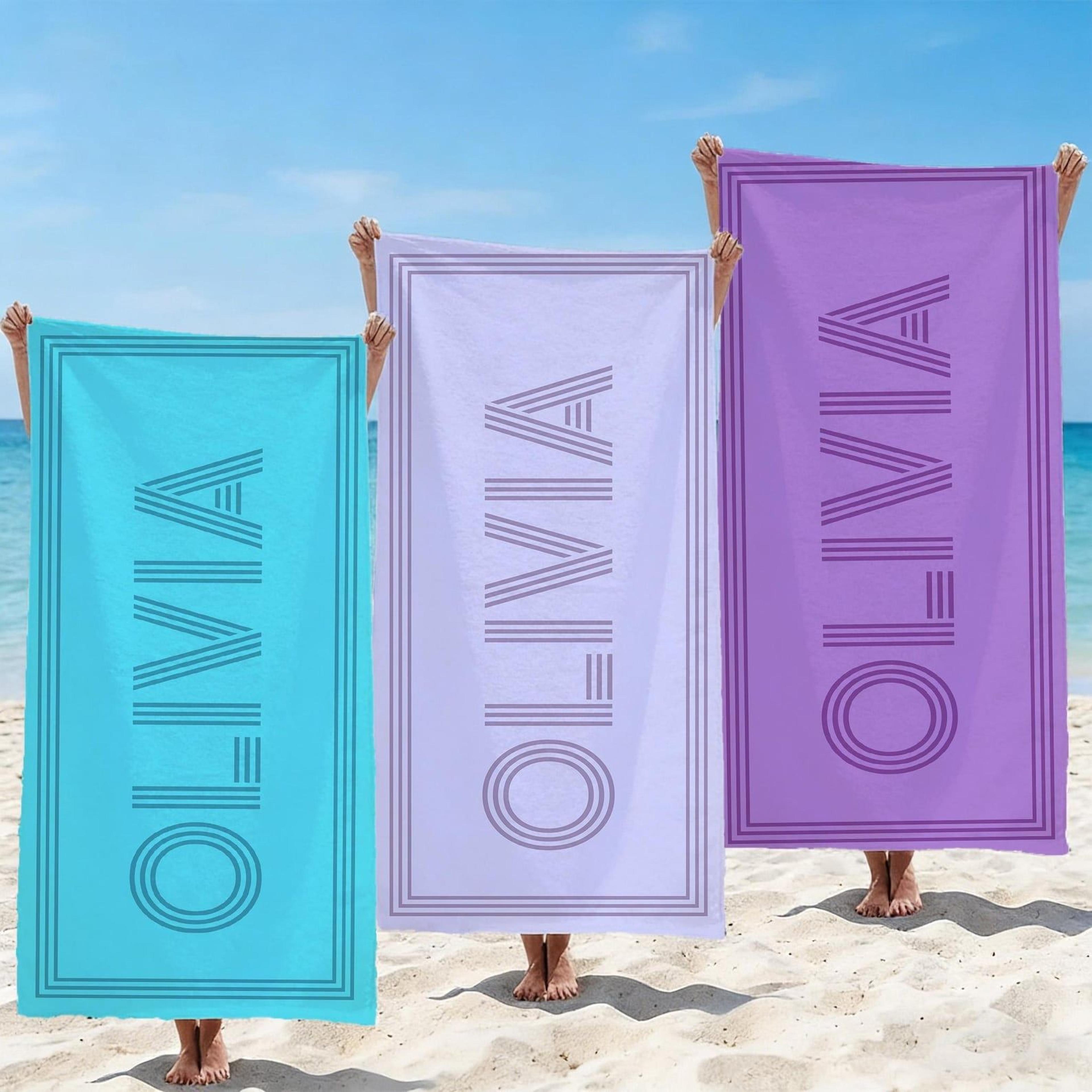 personalized name beach towel – custom linear design towel for girls trips, beach days & gifts for her