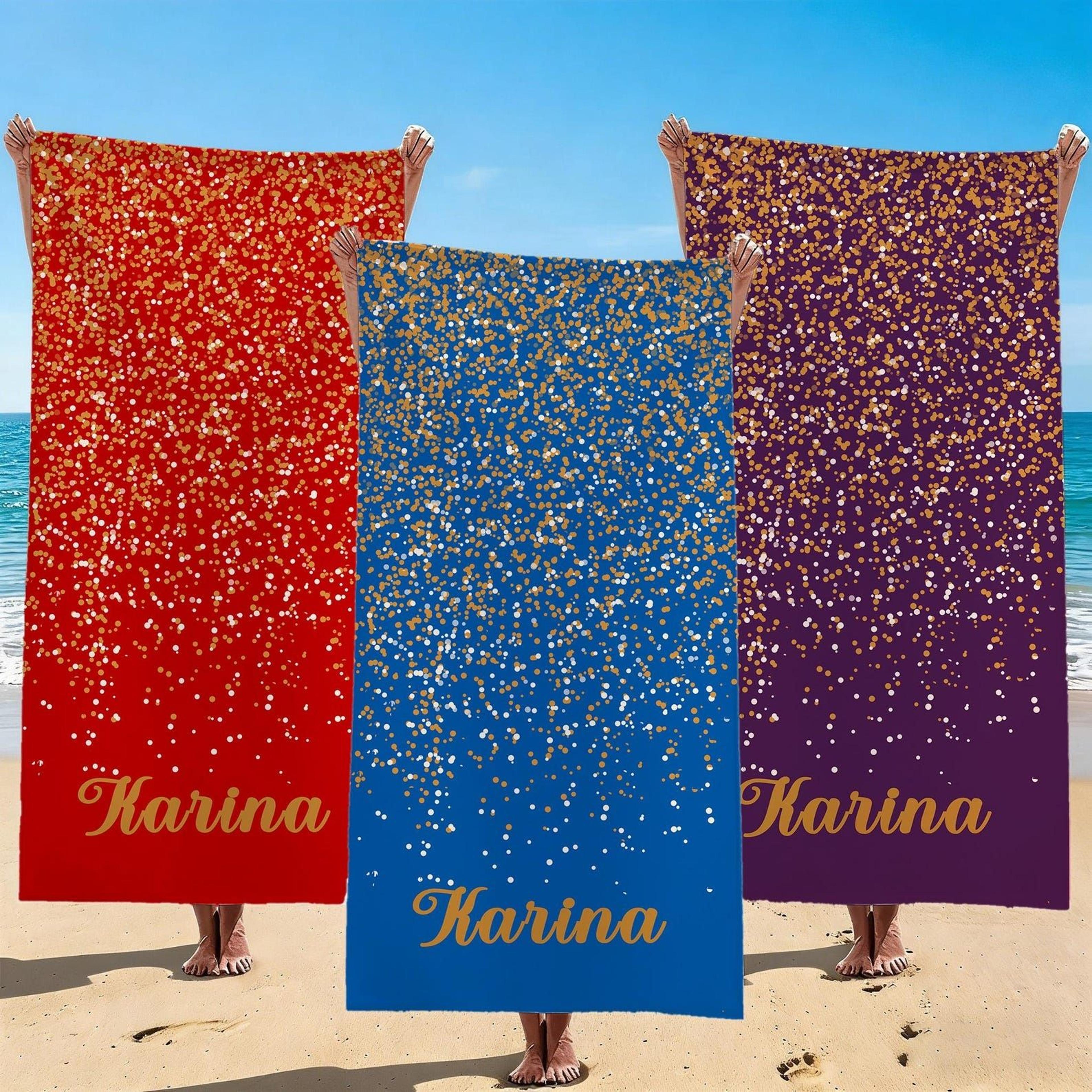 personalized glitter beach towel – custom sparkle name towel for bridal parties, beach trips & gifts