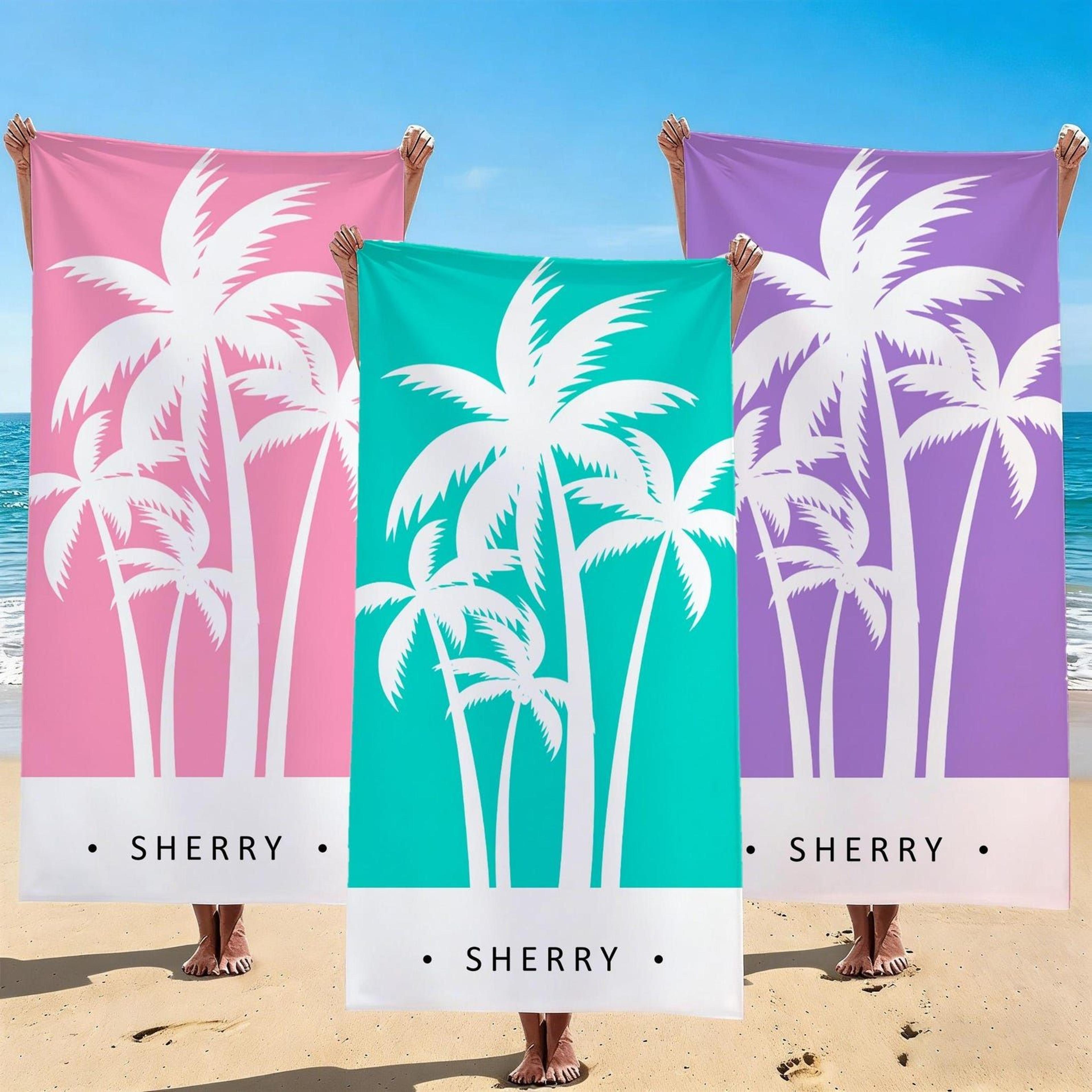 personalized tropical palm tree beach towel – custom name summer towel for vacations, birthdays & beach days
