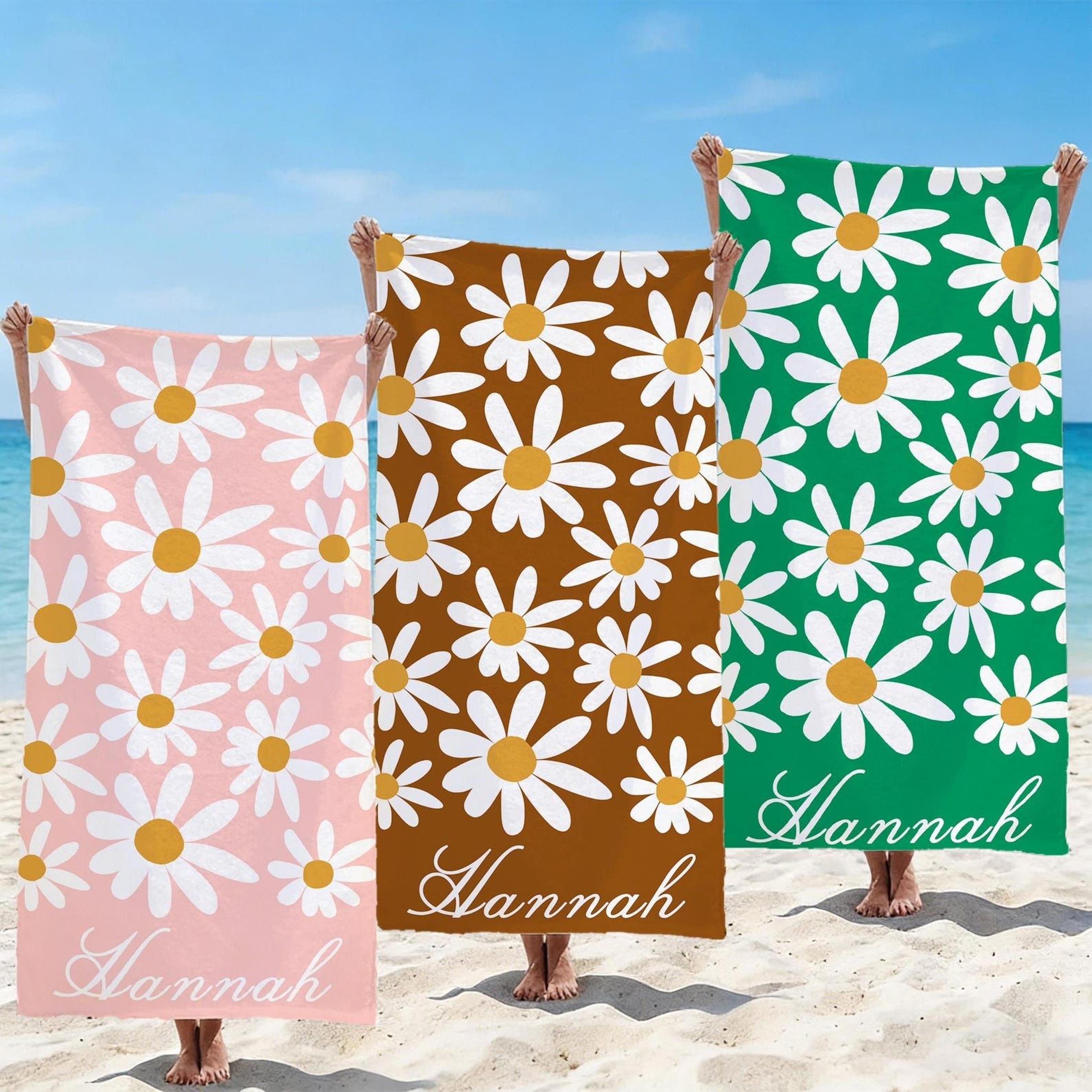 personalized groovy daisy beach towel – custom retro floral towel for brides, girls trips & summer getaways