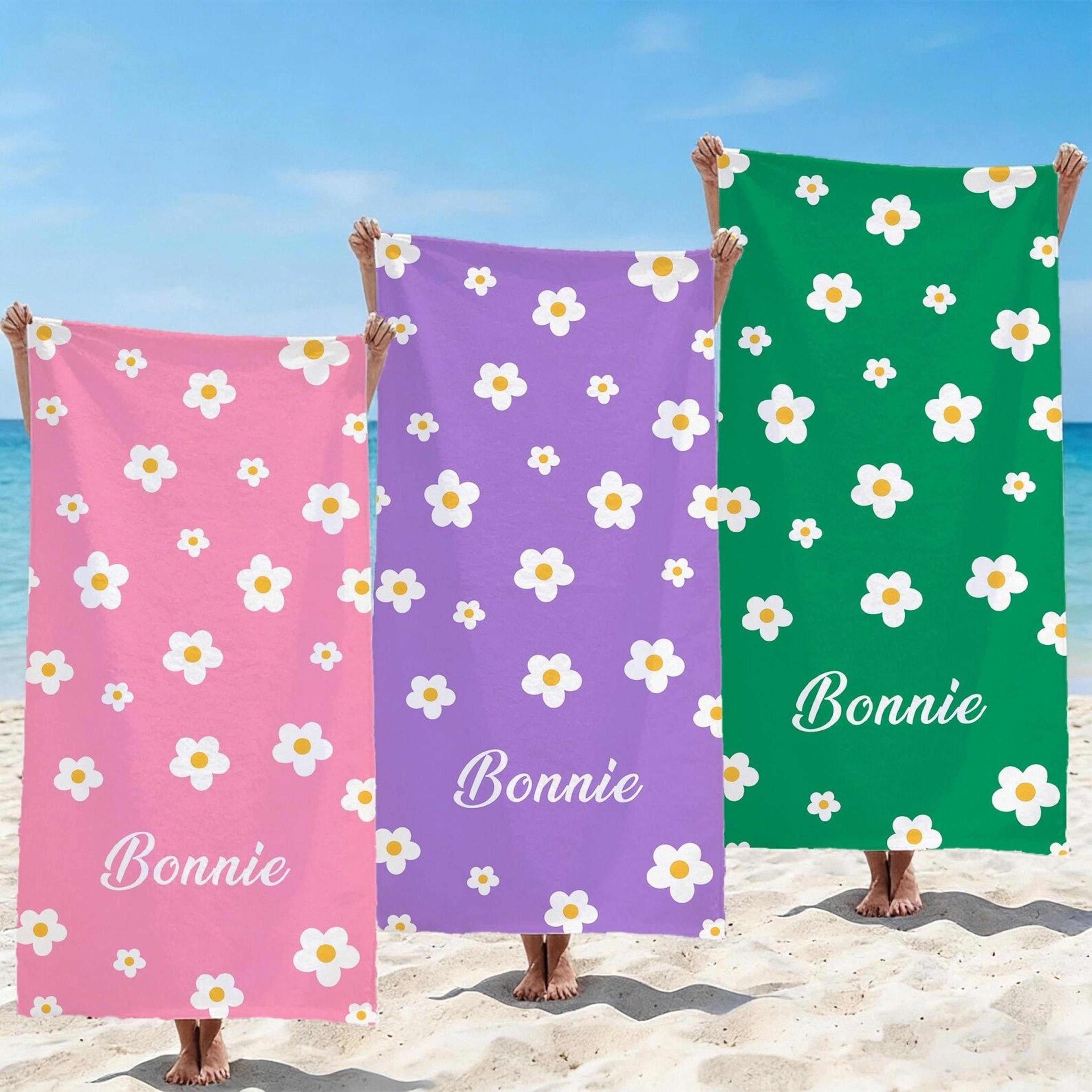 personalized daisy beach towel – custom floral name towel for bachelorette parties, girls trips & beach vacations