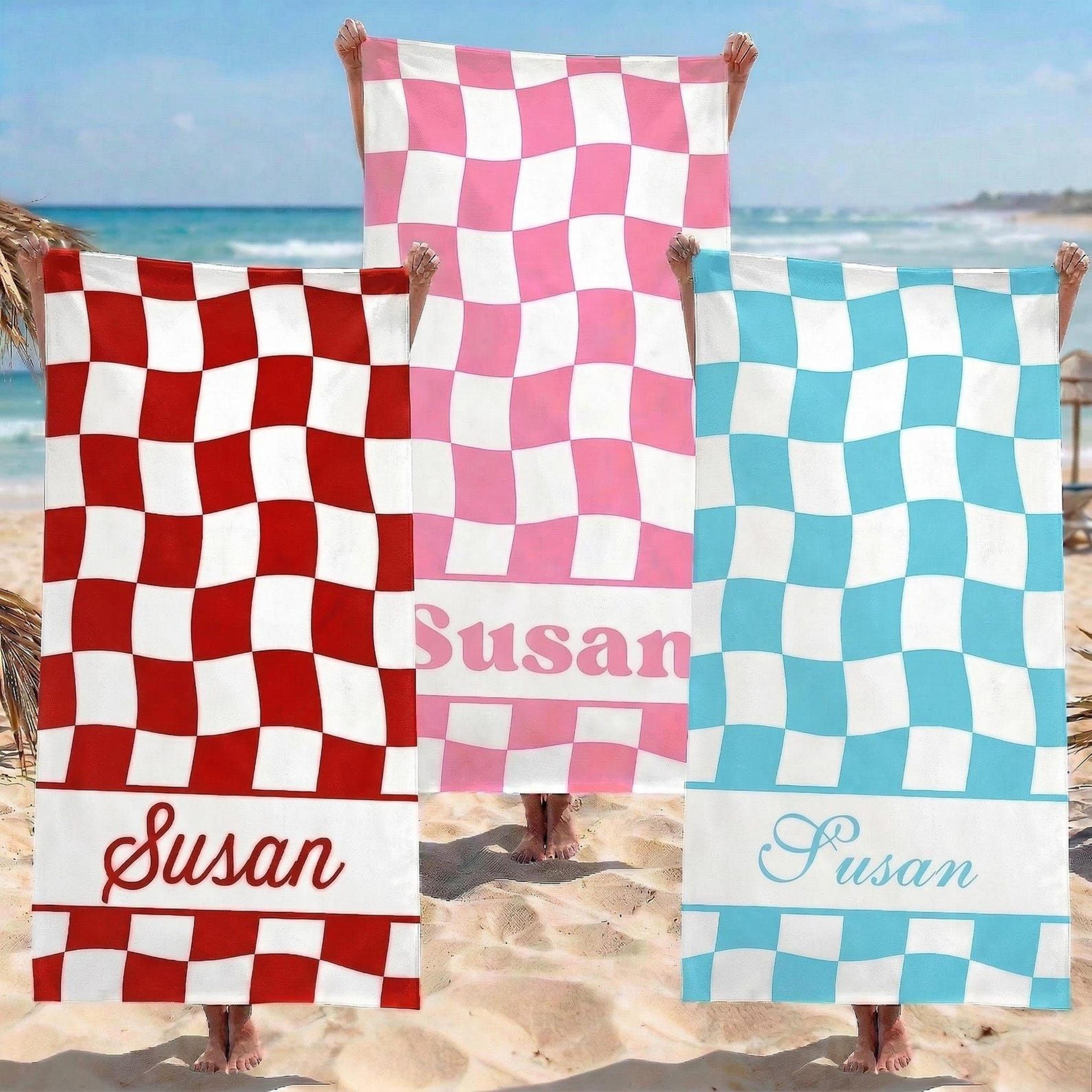 personalized retro checked beach towel – custom vintage plaid towel for bridal trips, beach vacations & gifts