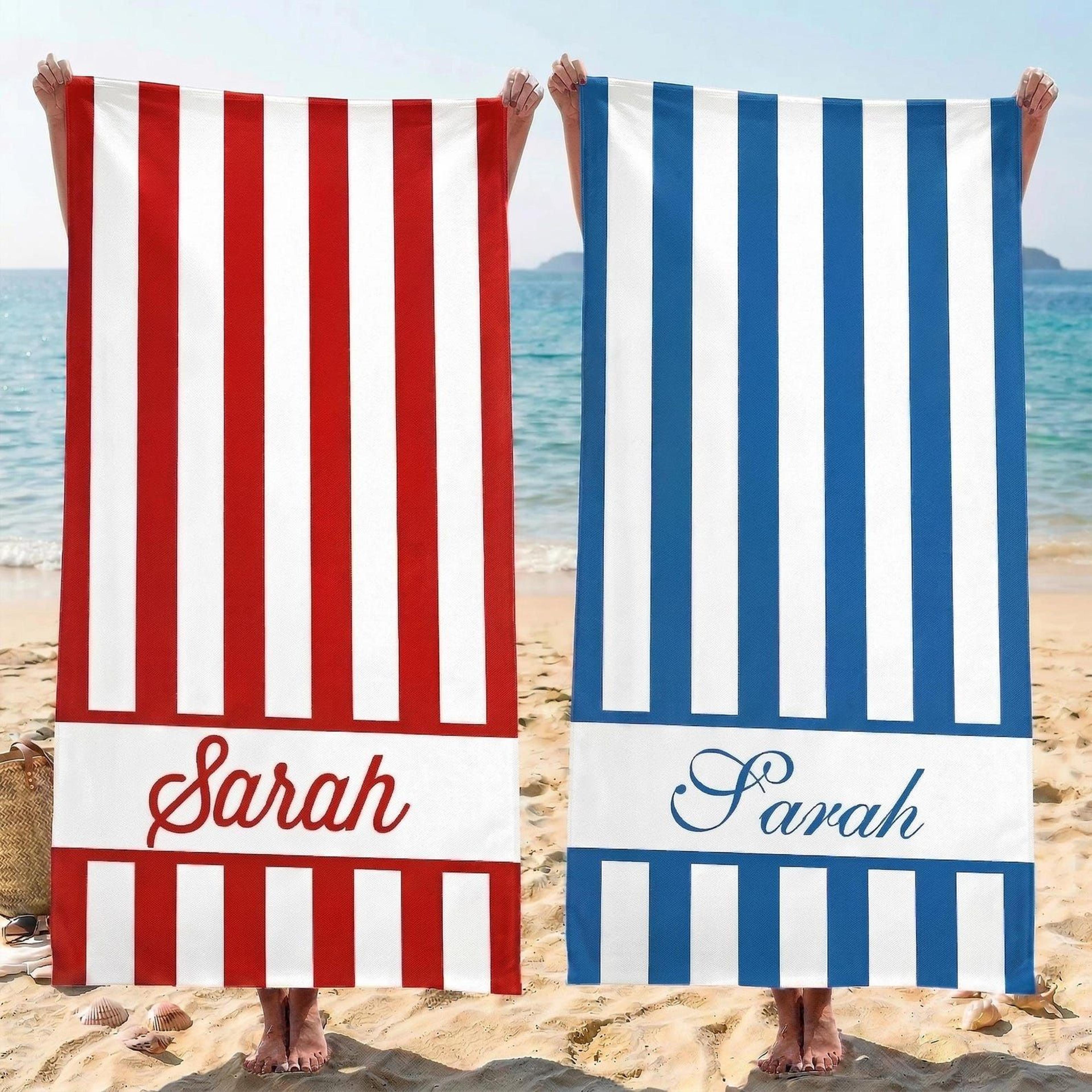personalized classic stripe beach towel – custom name retro towel for girls trips, beach days & gifts
