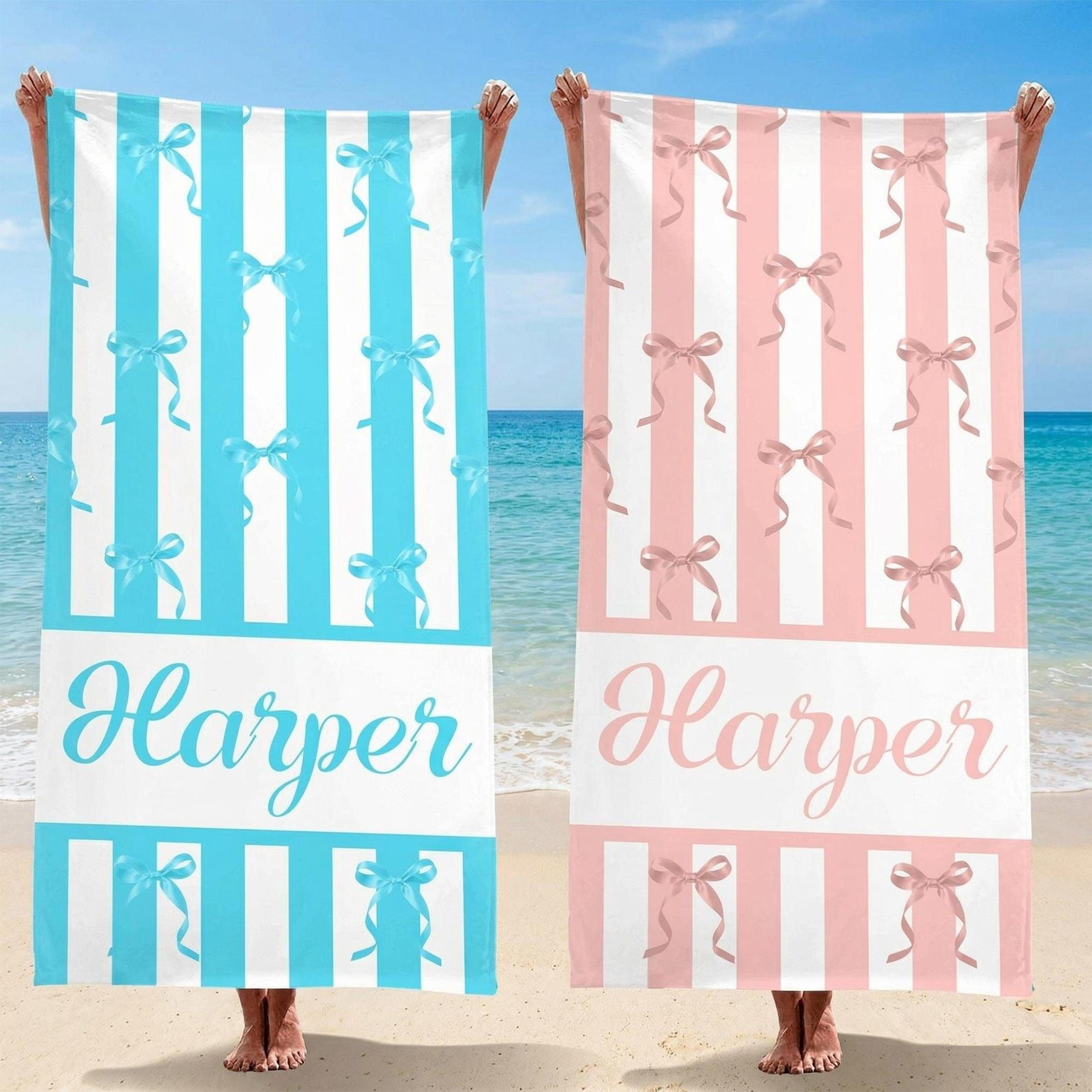 personalized bow stripe beach towel – custom name bachelorette towel for girls trips, beach days & gifts
