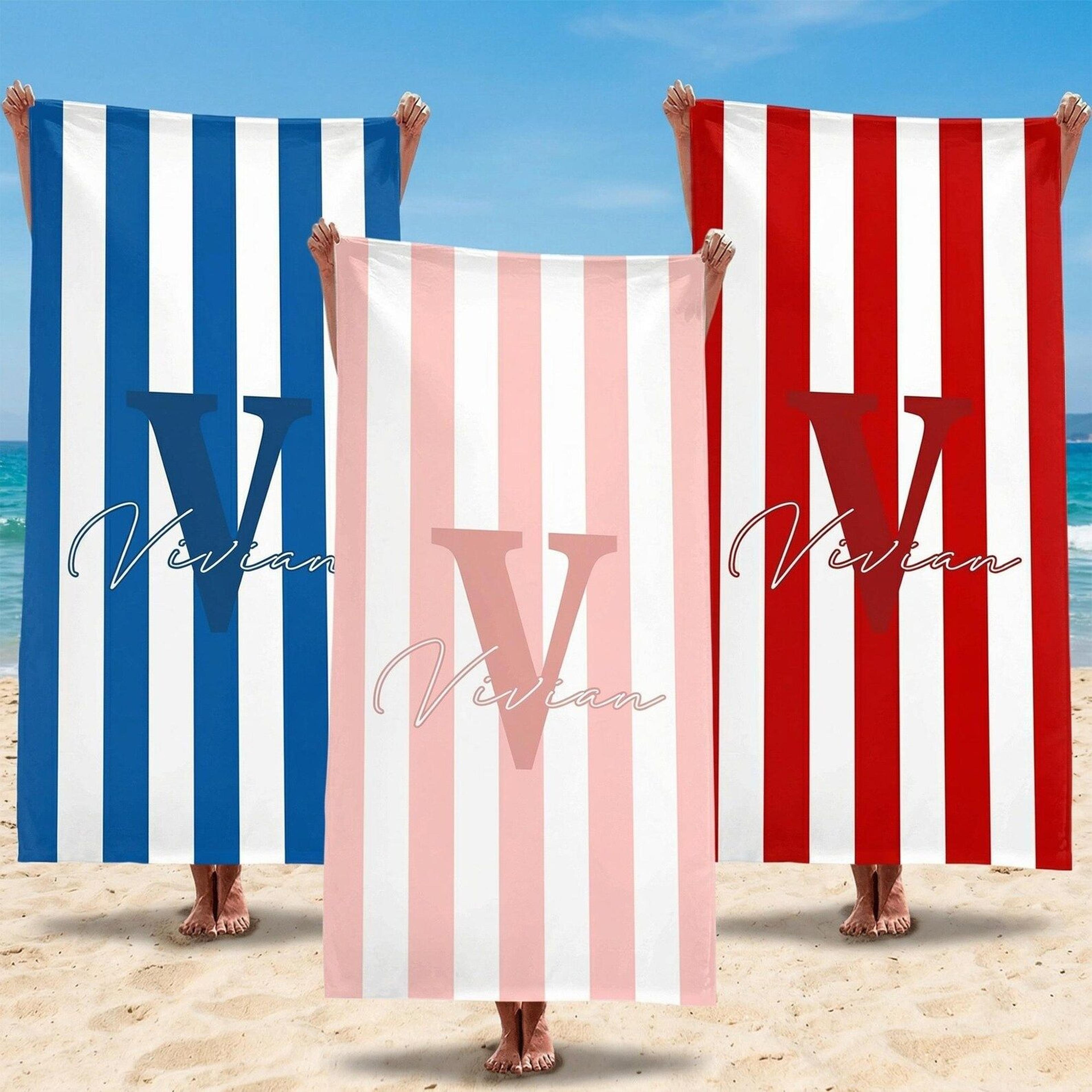 personalized bride beach towel – custom name striped towel for bachelorette trips, girls weekends & beach vacations