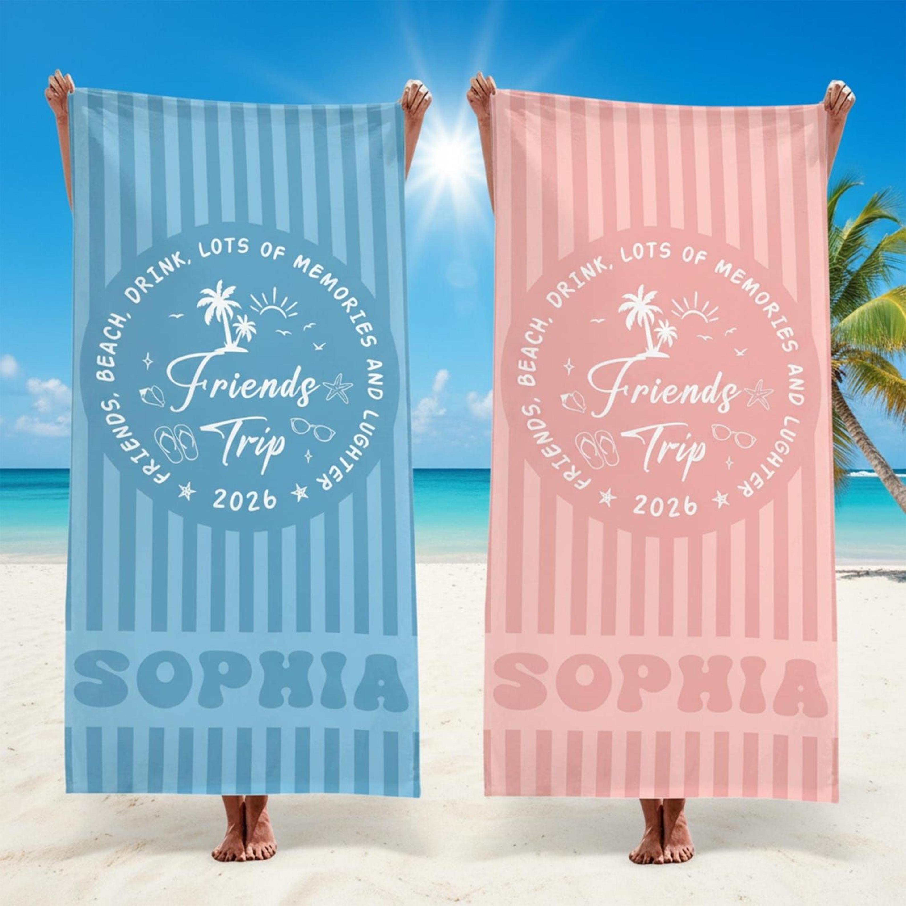 personalized friends trip beach towel – custom name towel for girls getaways, bachelorette parties & beach vacations