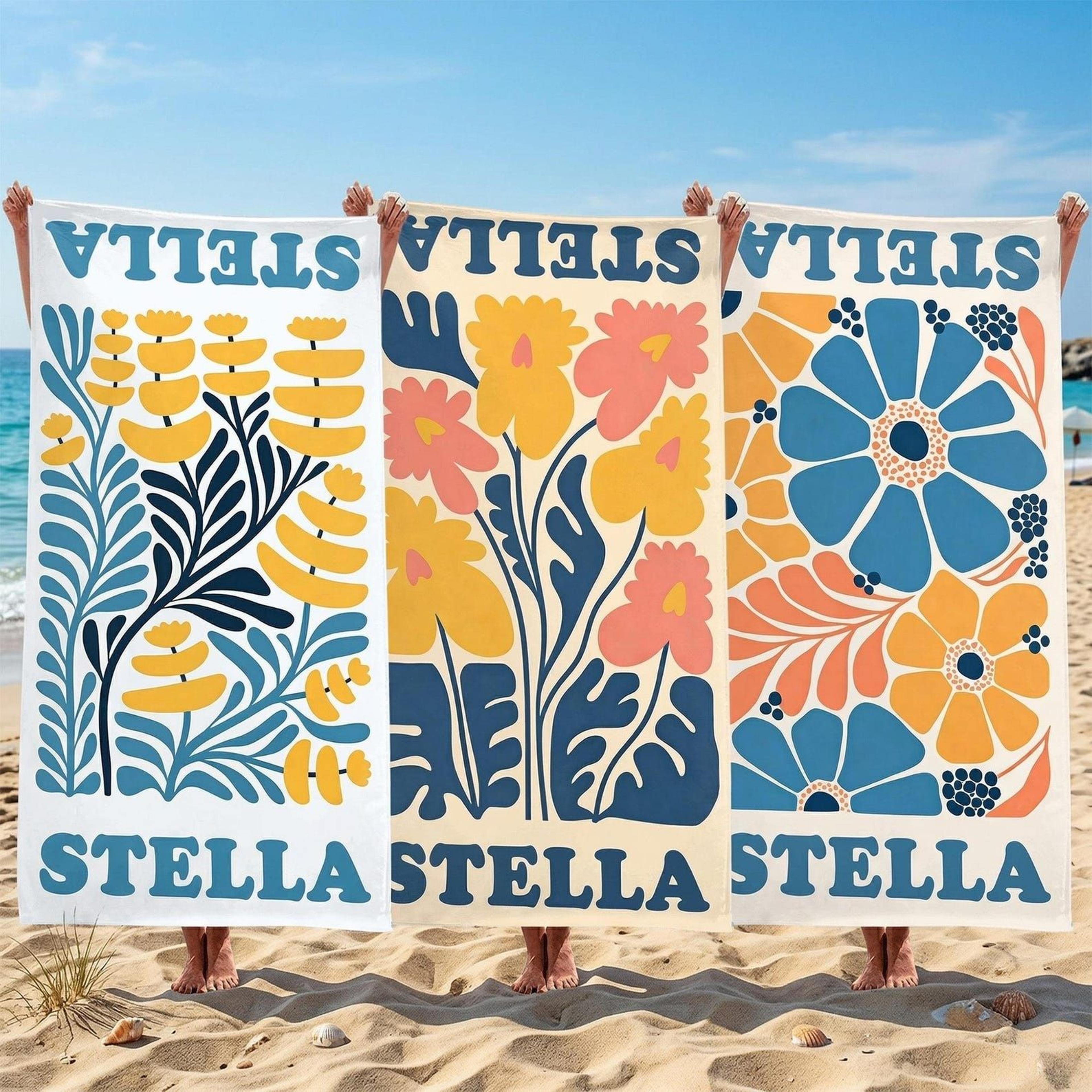 personalized retro floral beach towel – custom vintage flower name towel for girls trips, beach vacations & gifts