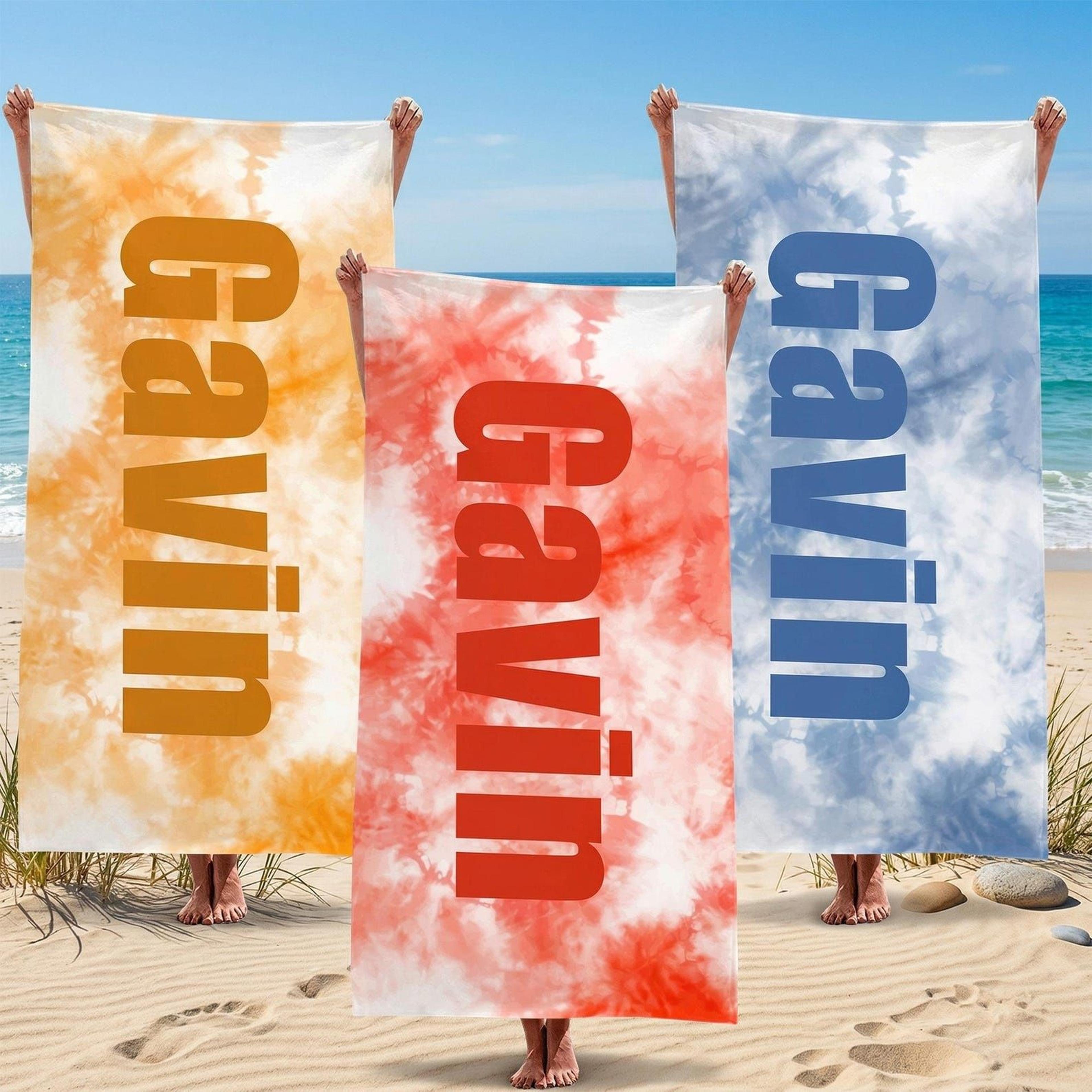 personalized tie dye beach towel – custom name summer vacation towel for beach trips, pool days & gifts