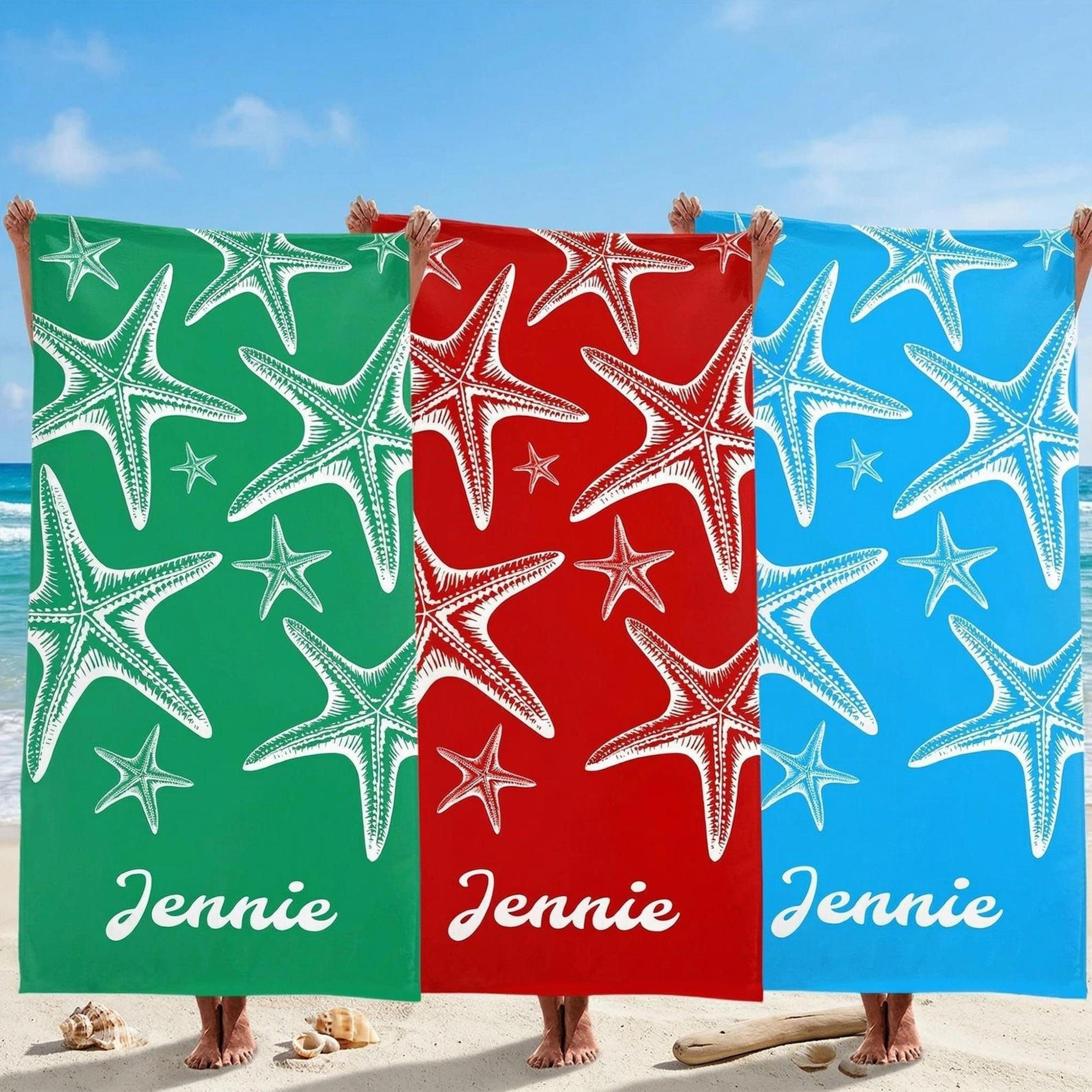 personalized starfish beach towel – custom name coastal towel for bride trips, bachelorette getaways & beach vacations