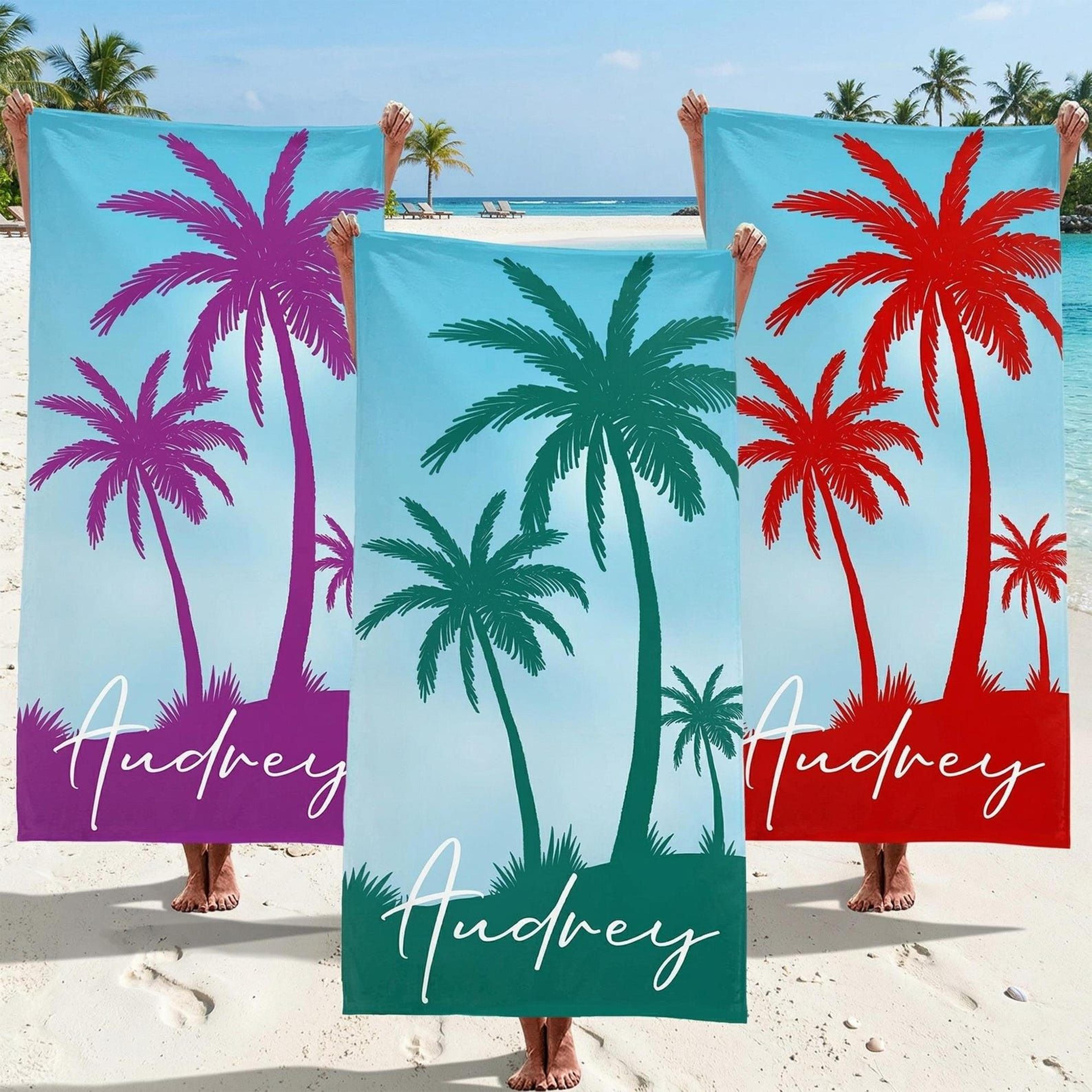personalized palm tree beach towel – custom name tropical towel for beach trips, vacations & gifts for her