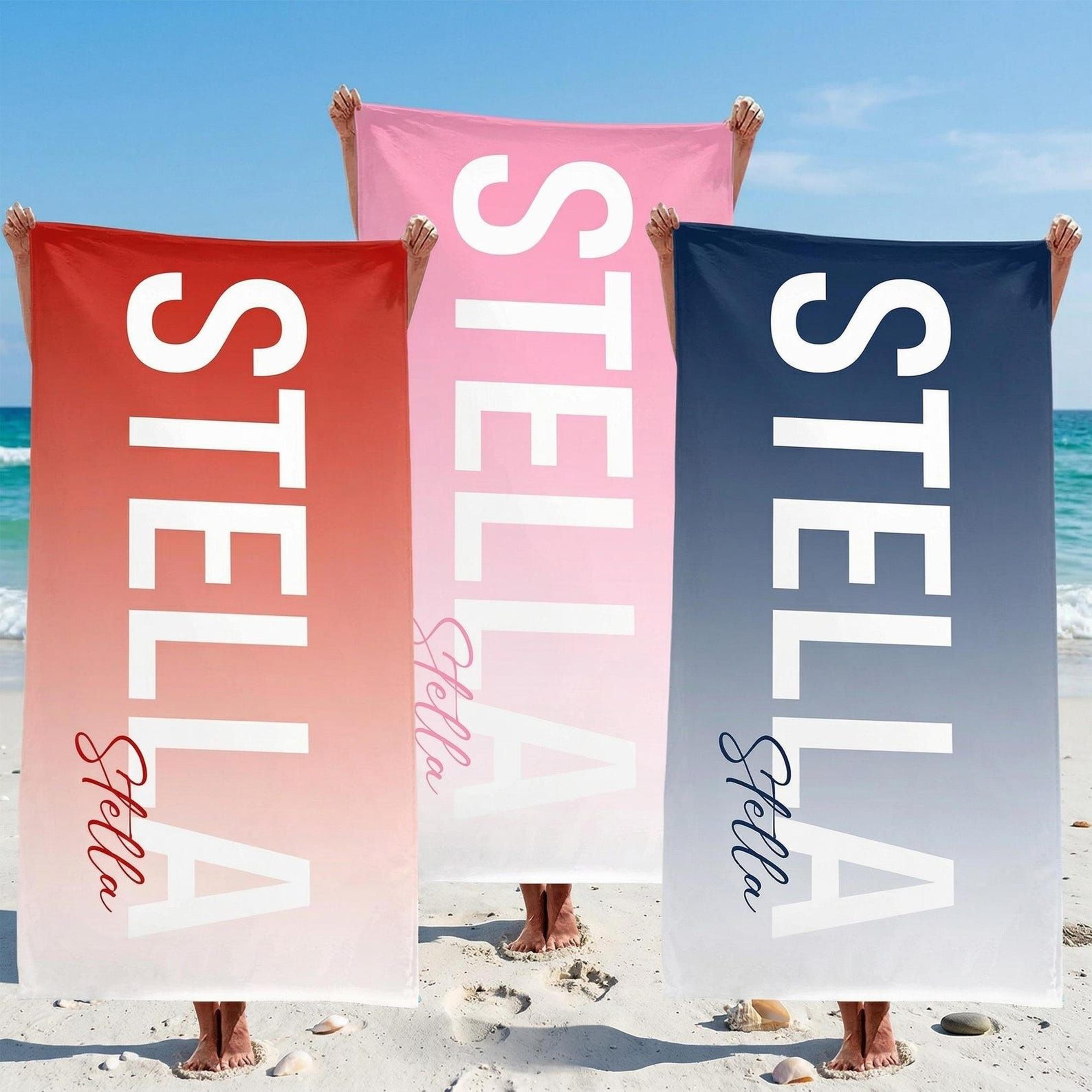 personalized ombre beach towel – custom name towel for bride trips, bachelorette getaways & beach vacations