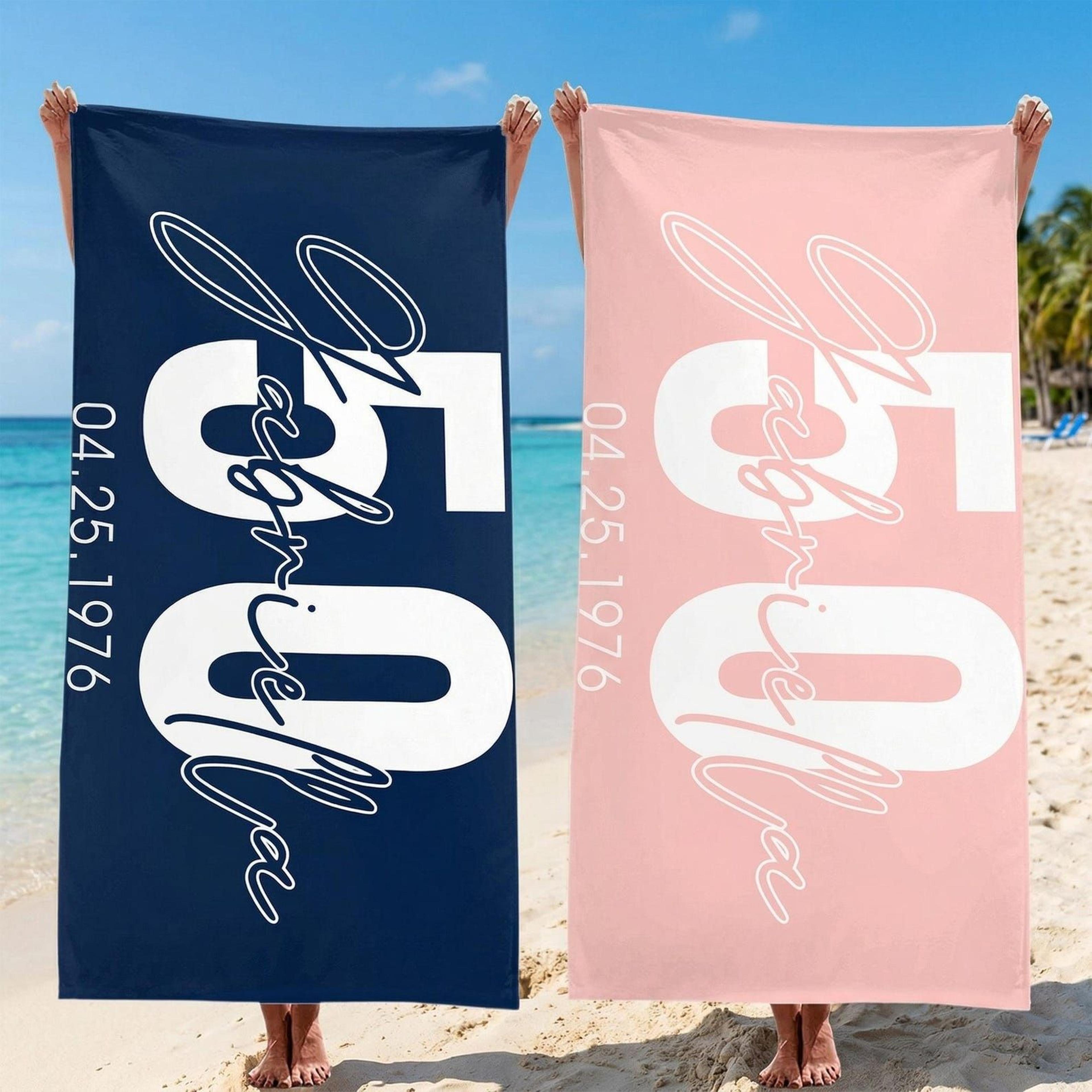 personalized birthday beach towel – custom name solid color towel for birthday parties, beach trips & gifts for her