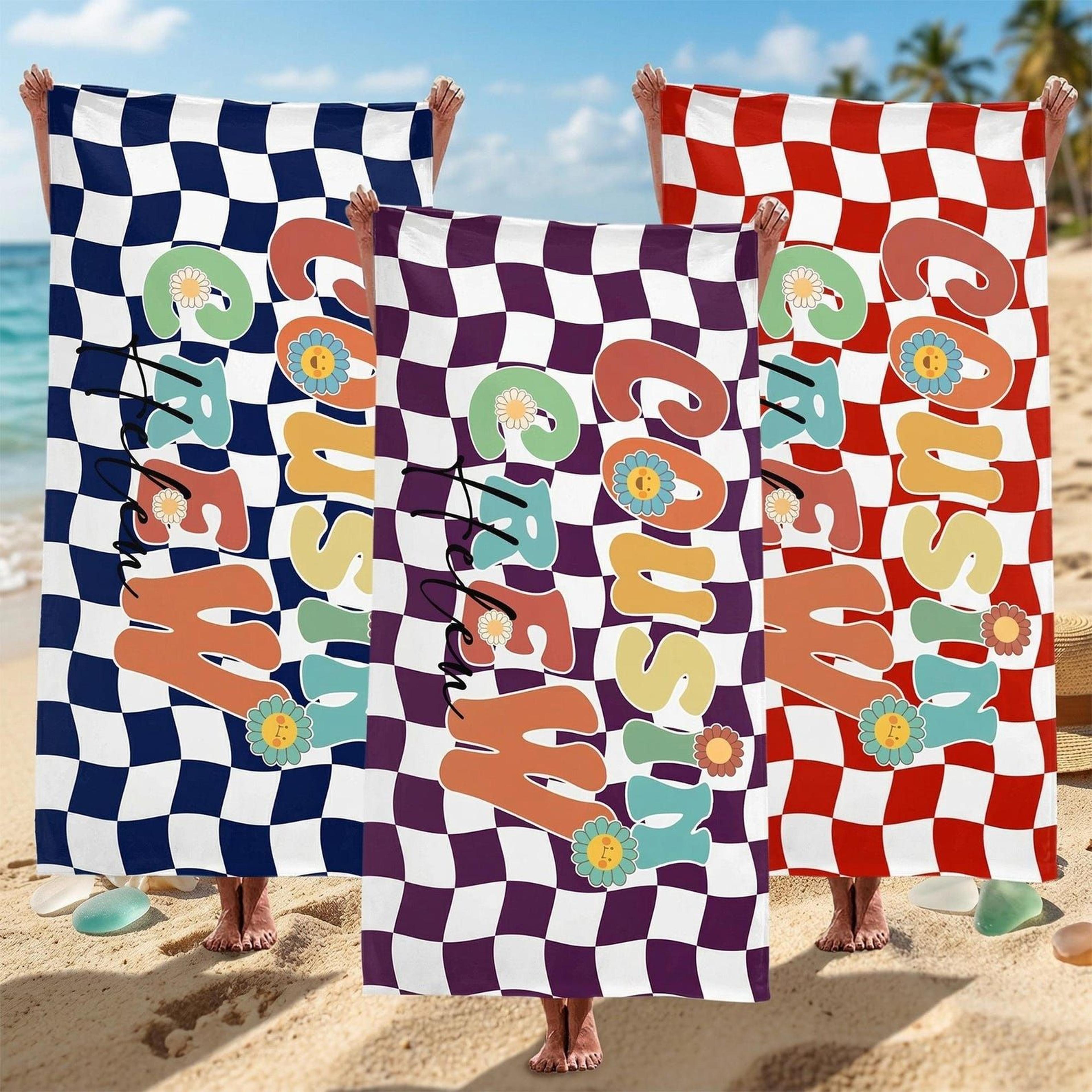 personalized cousin crew beach towel – custom retro checkered family trip towel with name for vacations & reunions