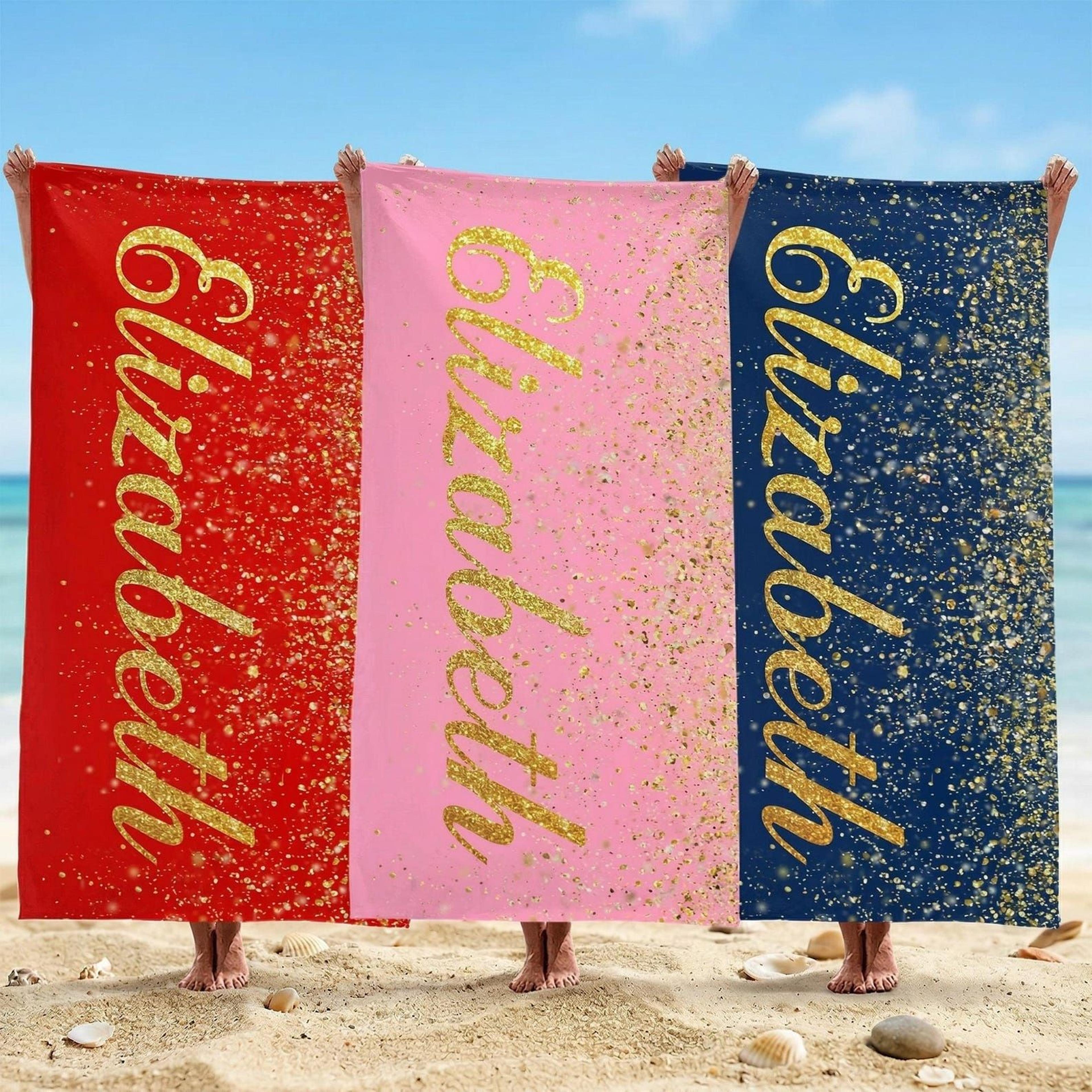 personalized sparkle beach towel – custom glitter name towel for bridal trips, beach vacations & gifts for her