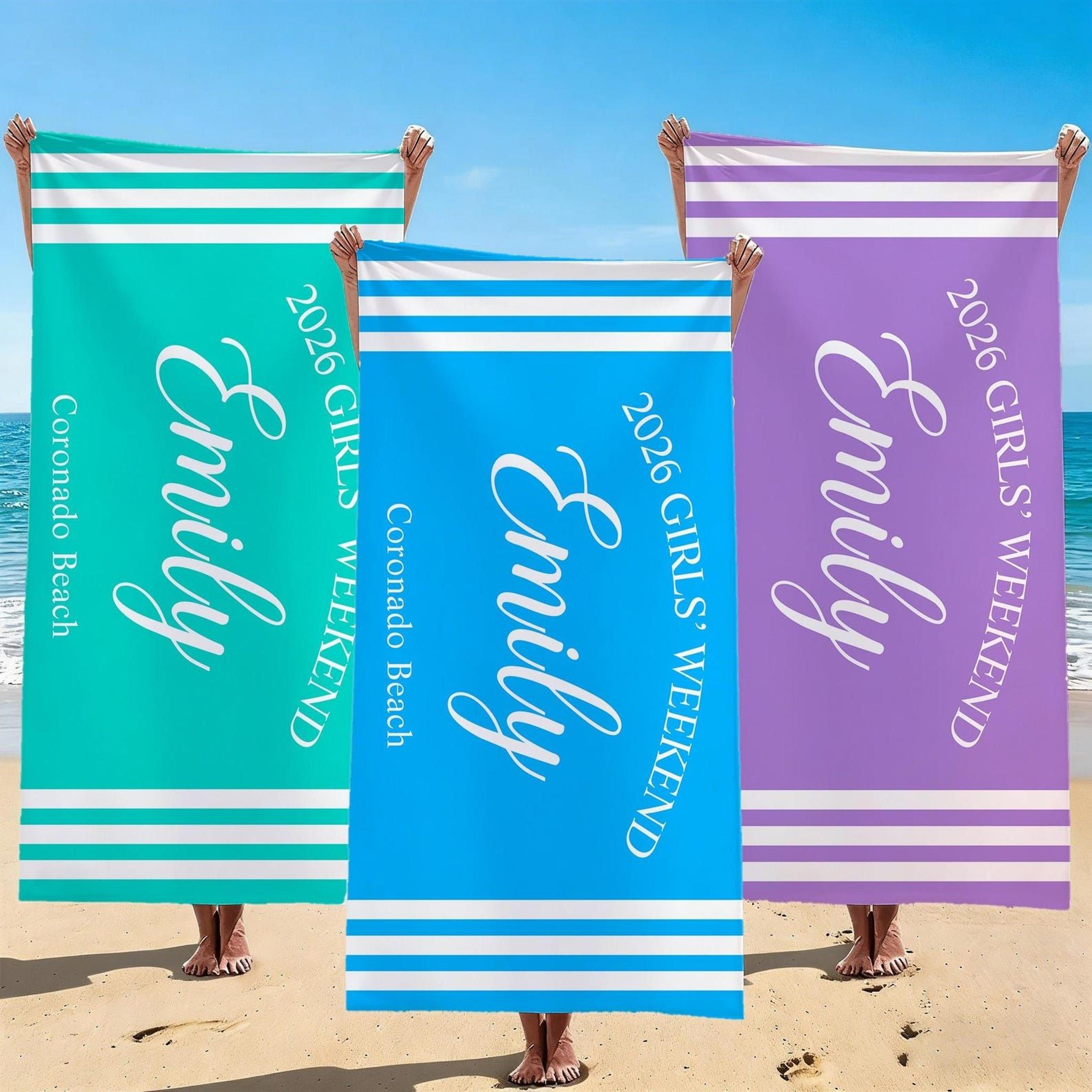 personalized girls trip beach towel with custom name & location keepsake