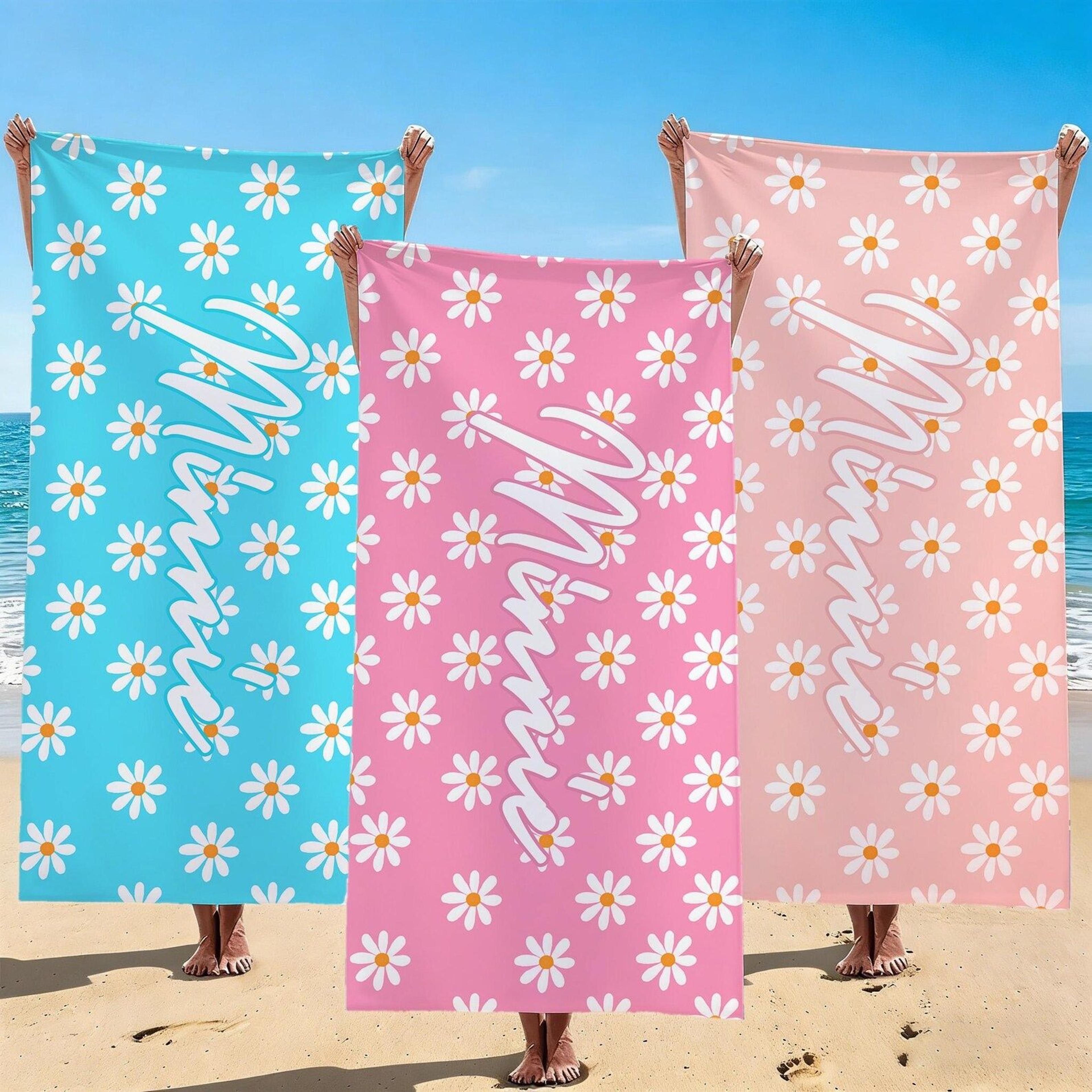 personalized daisy beach towel with name custom floral summer pool & vacation towel