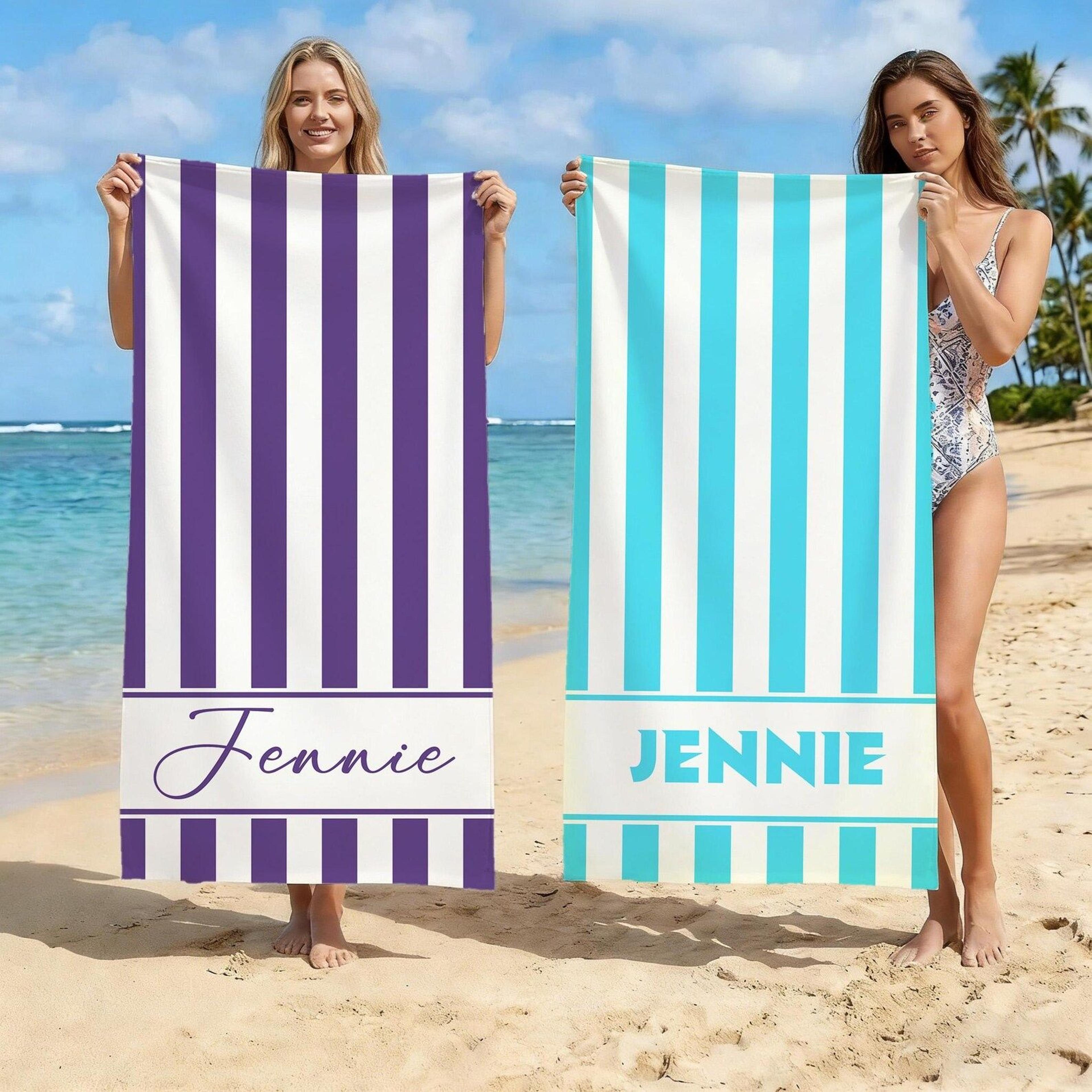 personalized striped beach towel with name girls trip & bride squad vacation towel