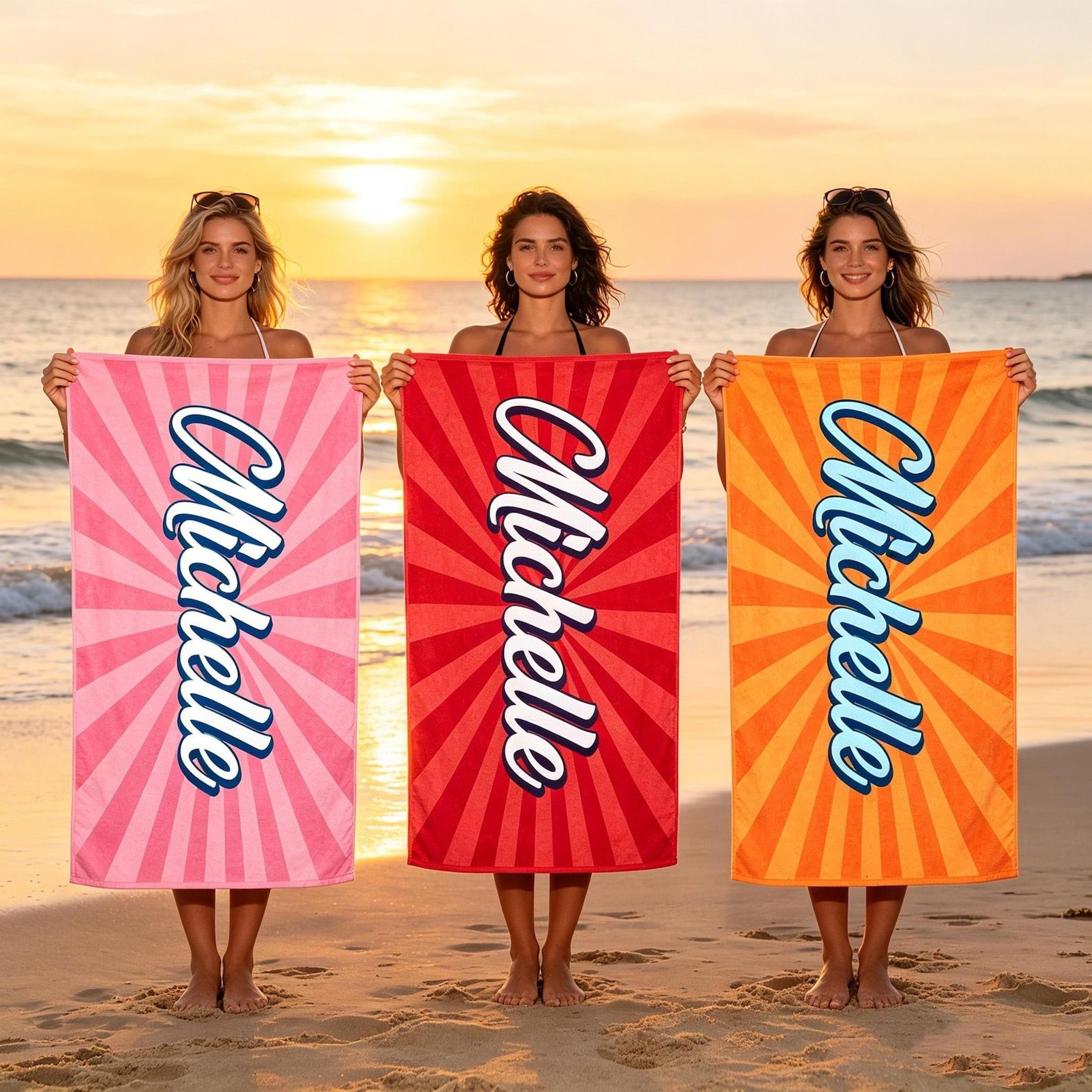 personalized retro sunburst beach towel with name vintage vacation pool towel