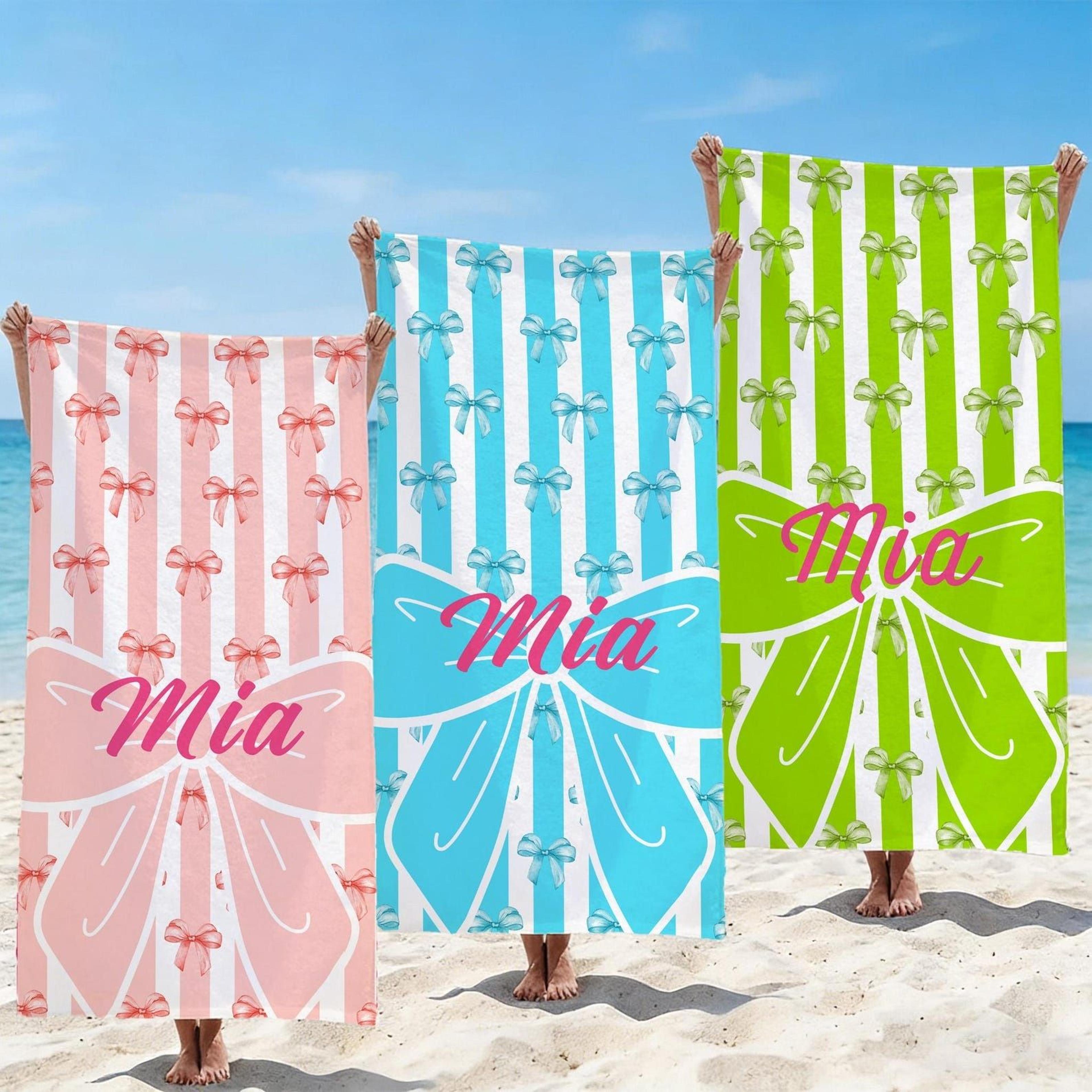 personalized bow striped beach towel with name bride squad & bridesmaid gift