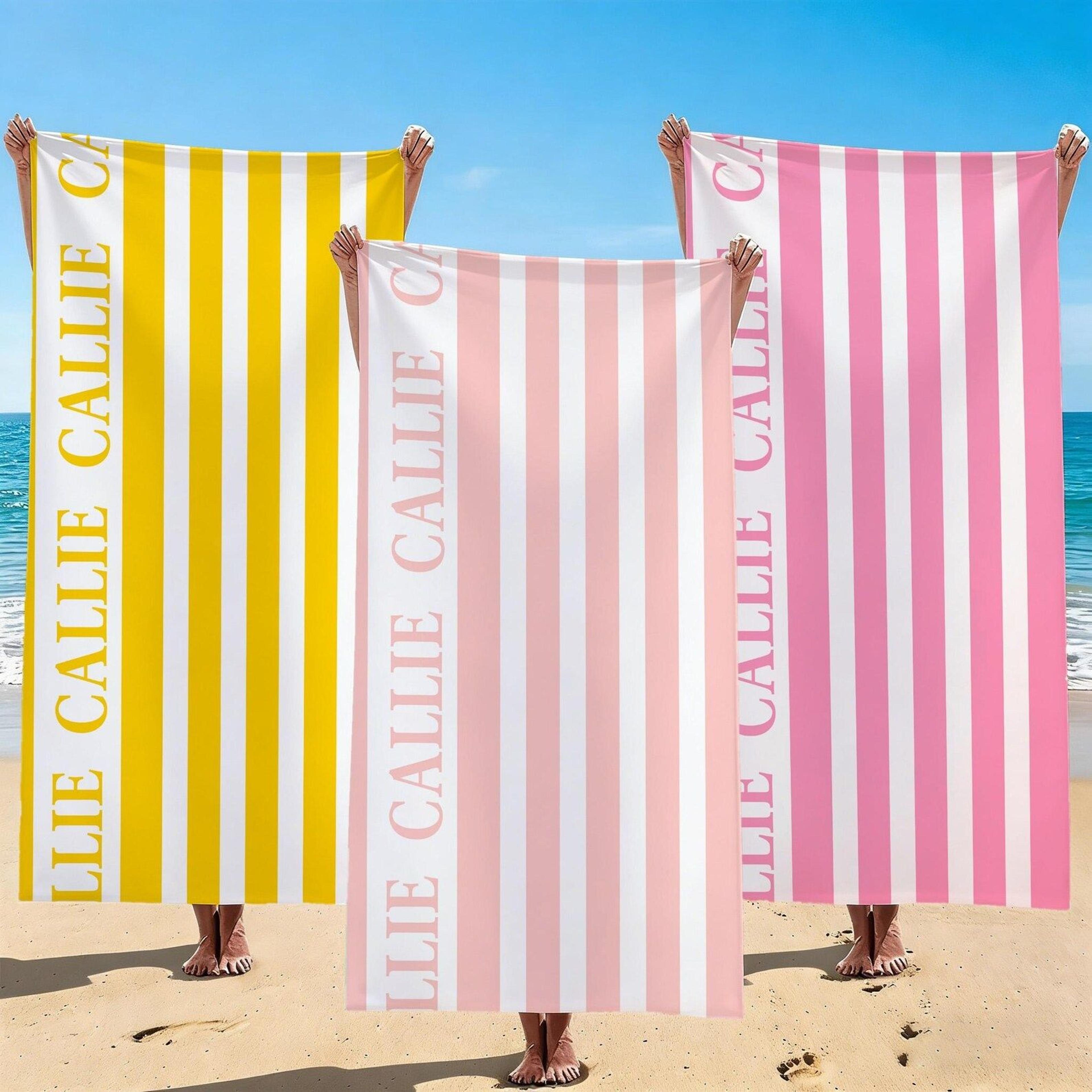 personalized bold striped beach towel with name girls weekend & bride squad gift
