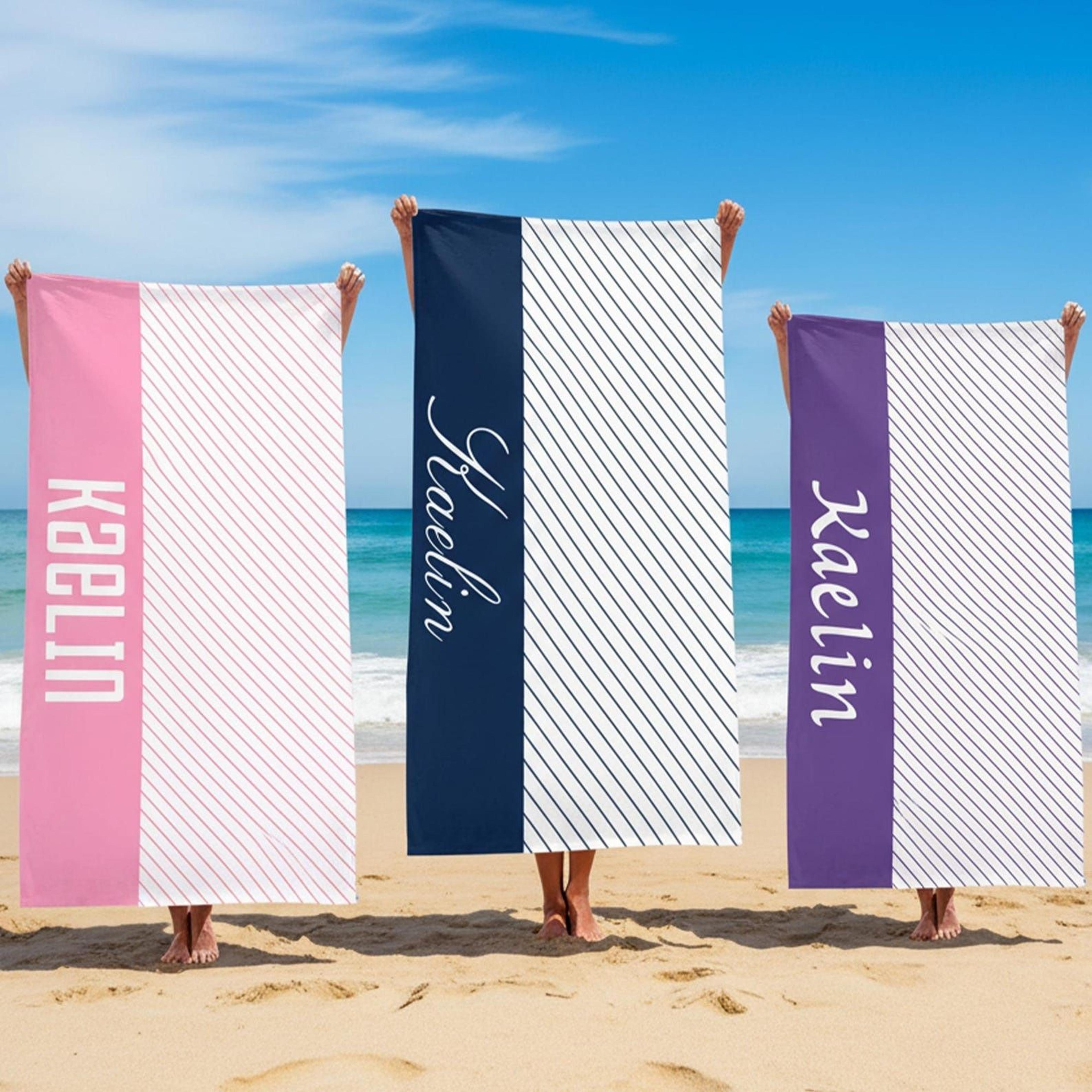 personalized diagonal stripe beach towel with name modern vacation pool towel