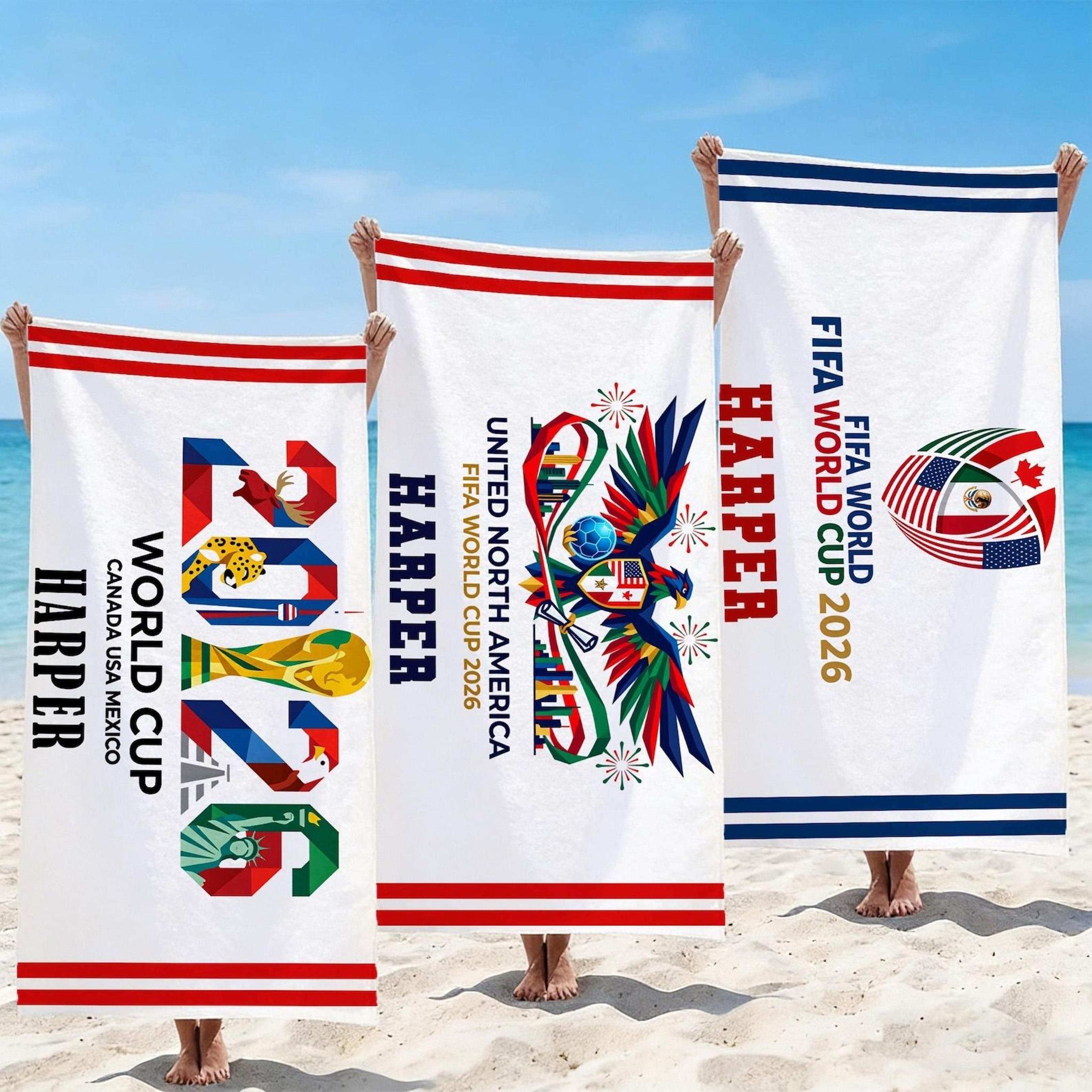 personalized world cup 2026 soccer towel with name custom game day beach towel