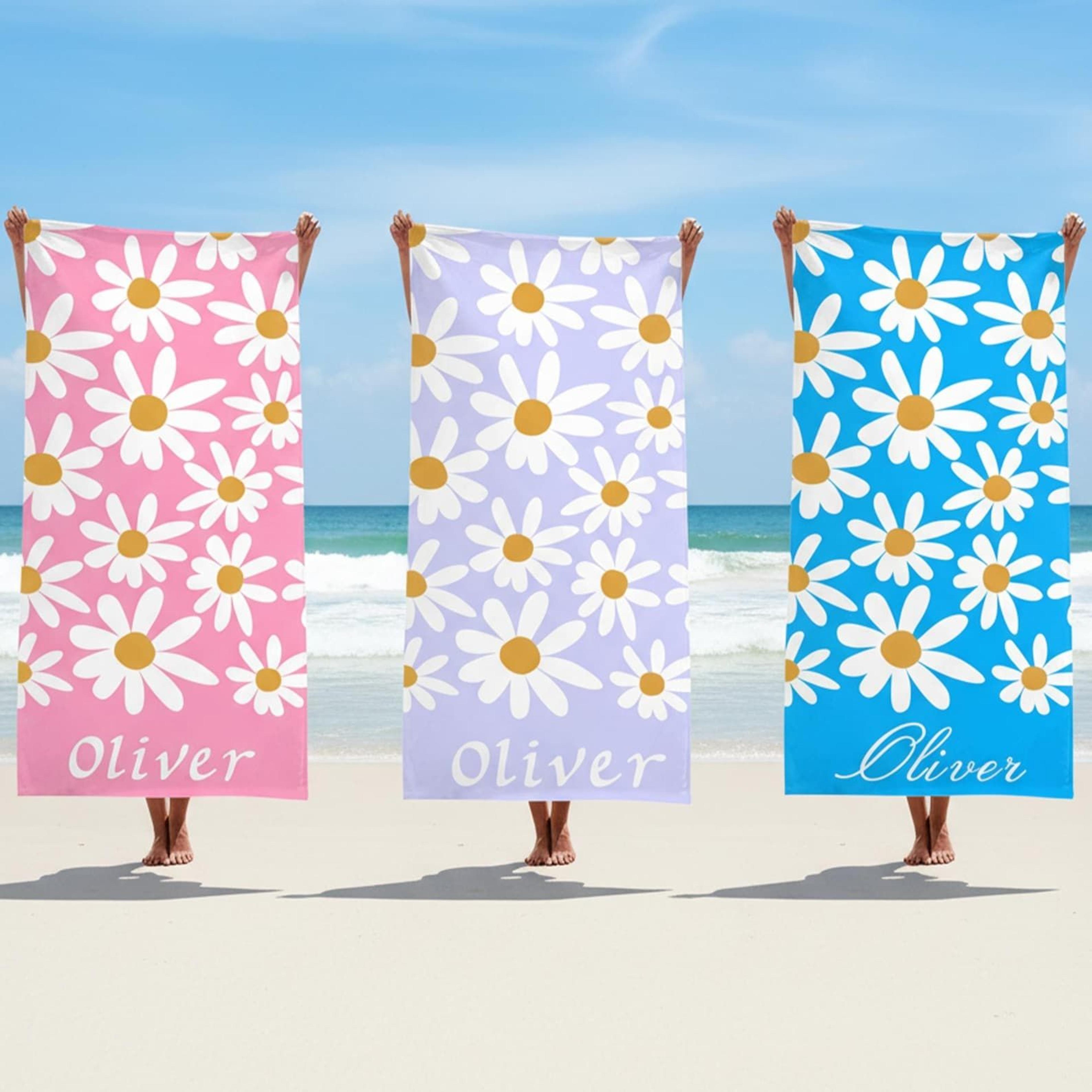 personalized daisy beach towel with name custom floral summer vacation towel