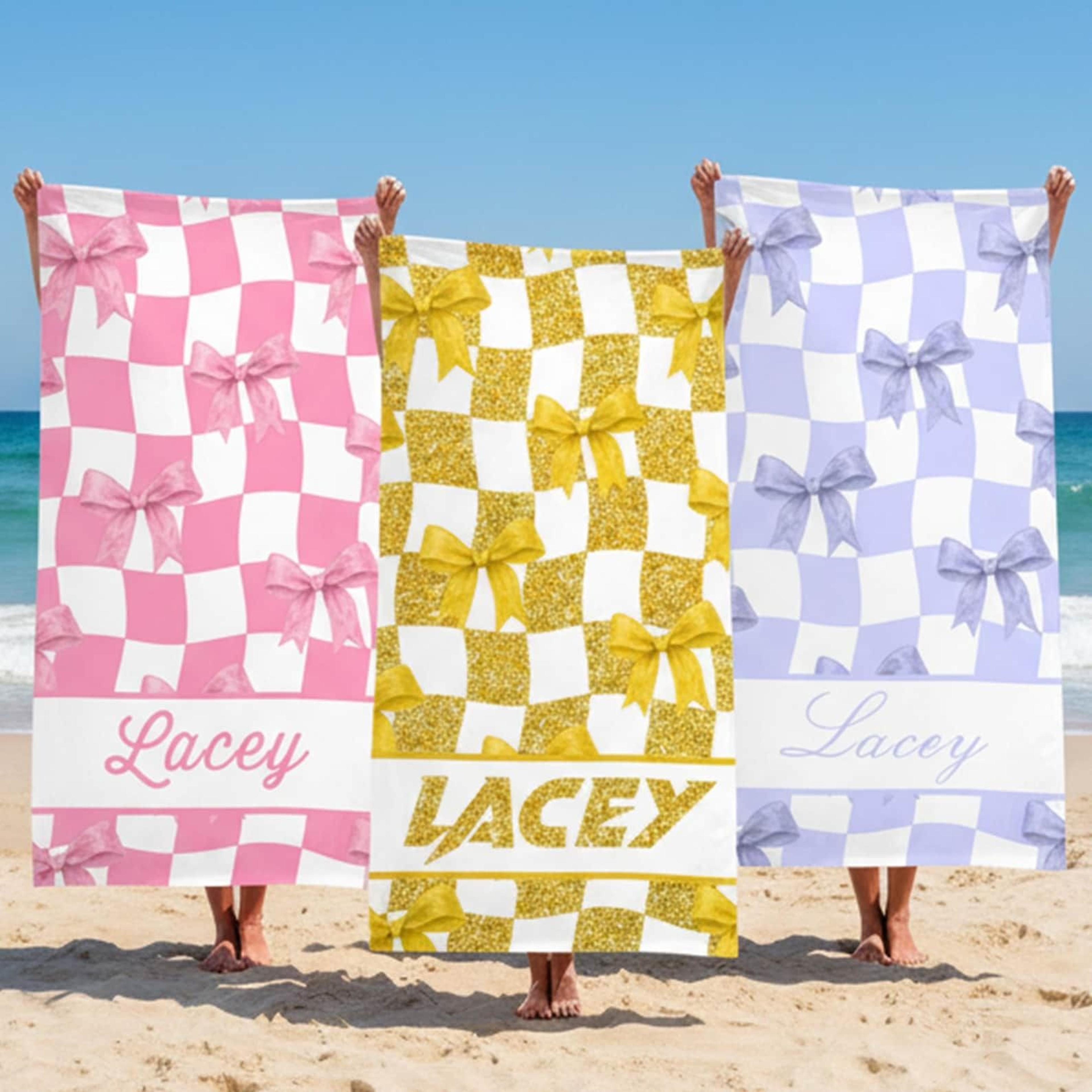 personalized bow plaid beach towel with name custom preppy vacation towel