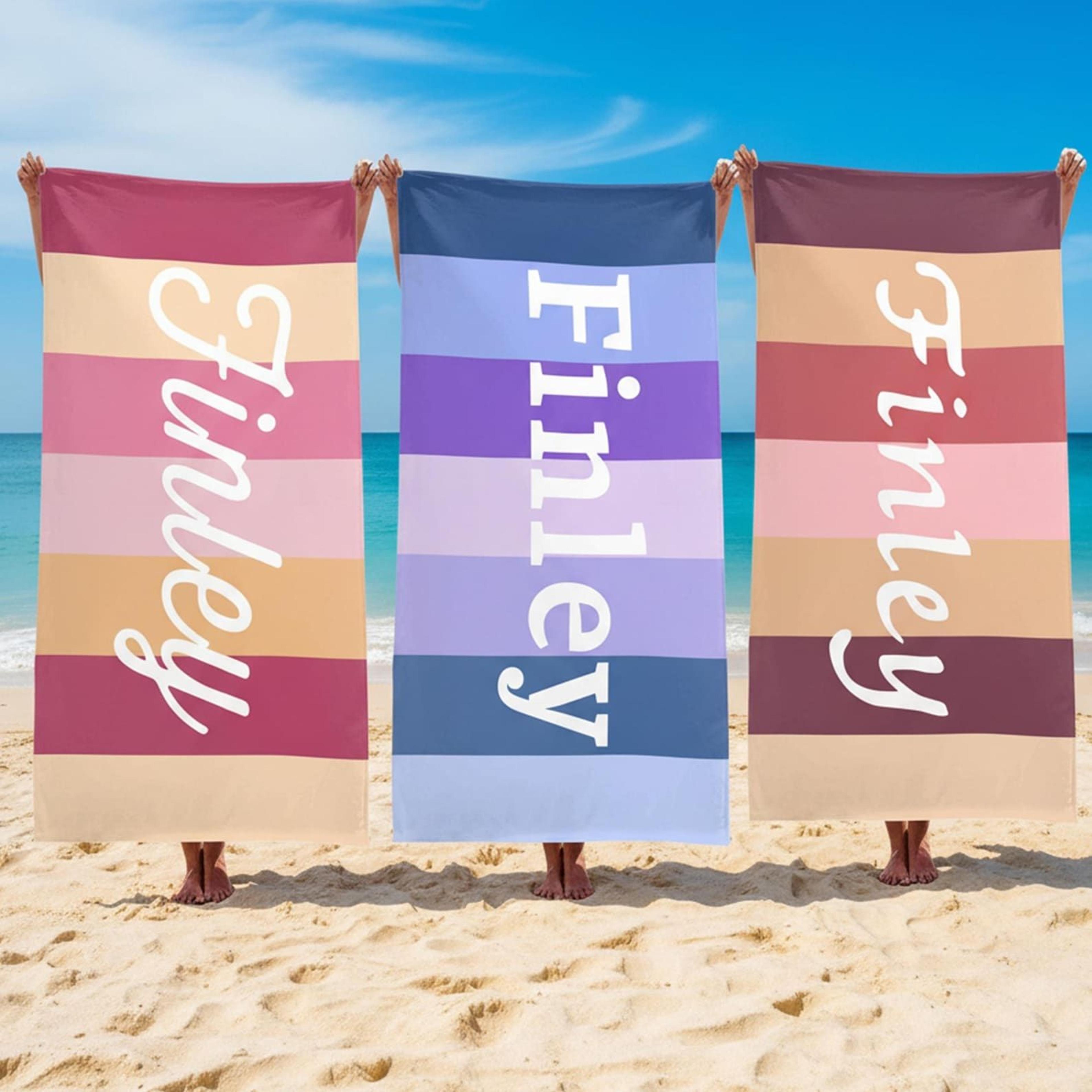 personalized rainbow beach towel with name colorful striped vacation towel