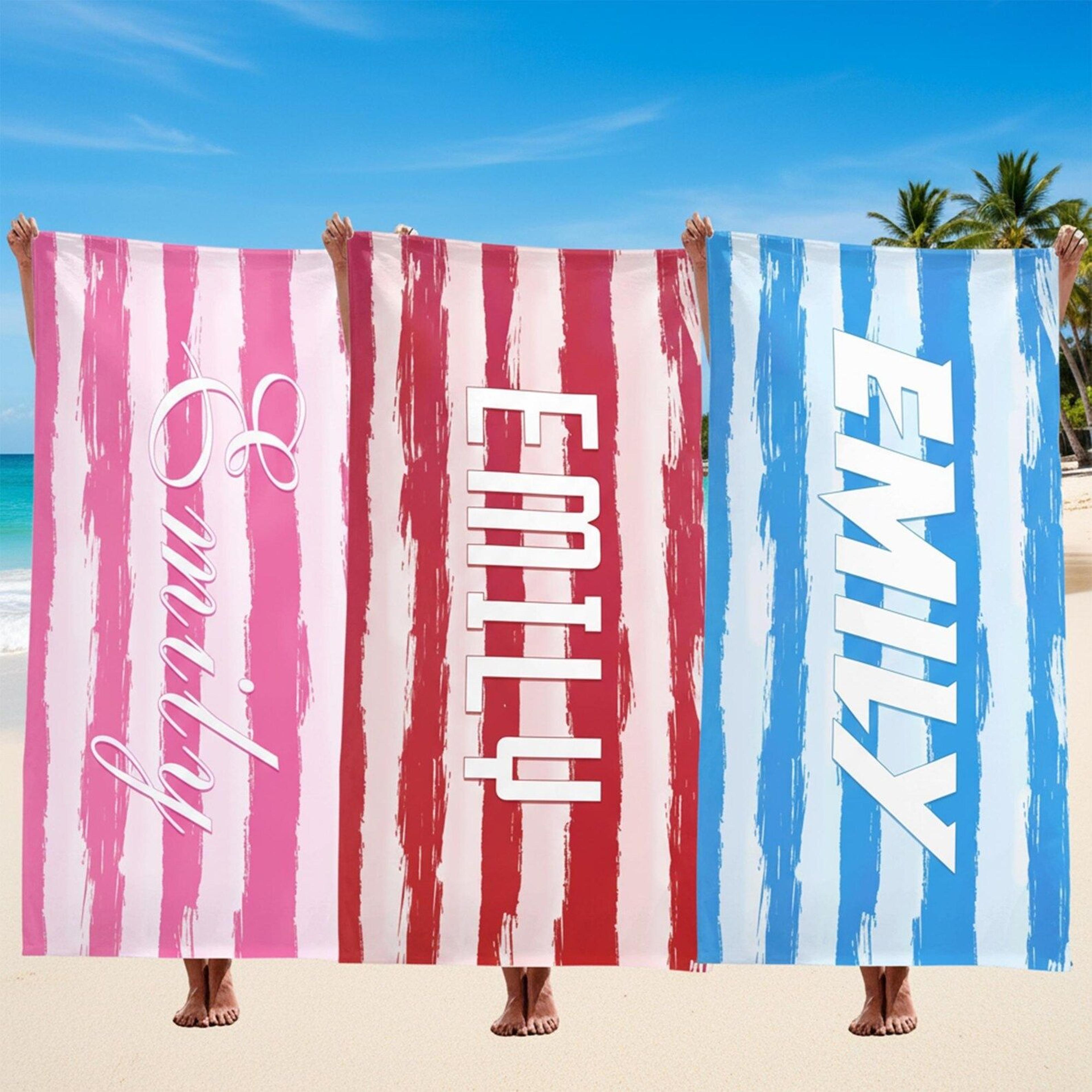 personalized watercolor striped beach towel with name custom quick dry pool towel