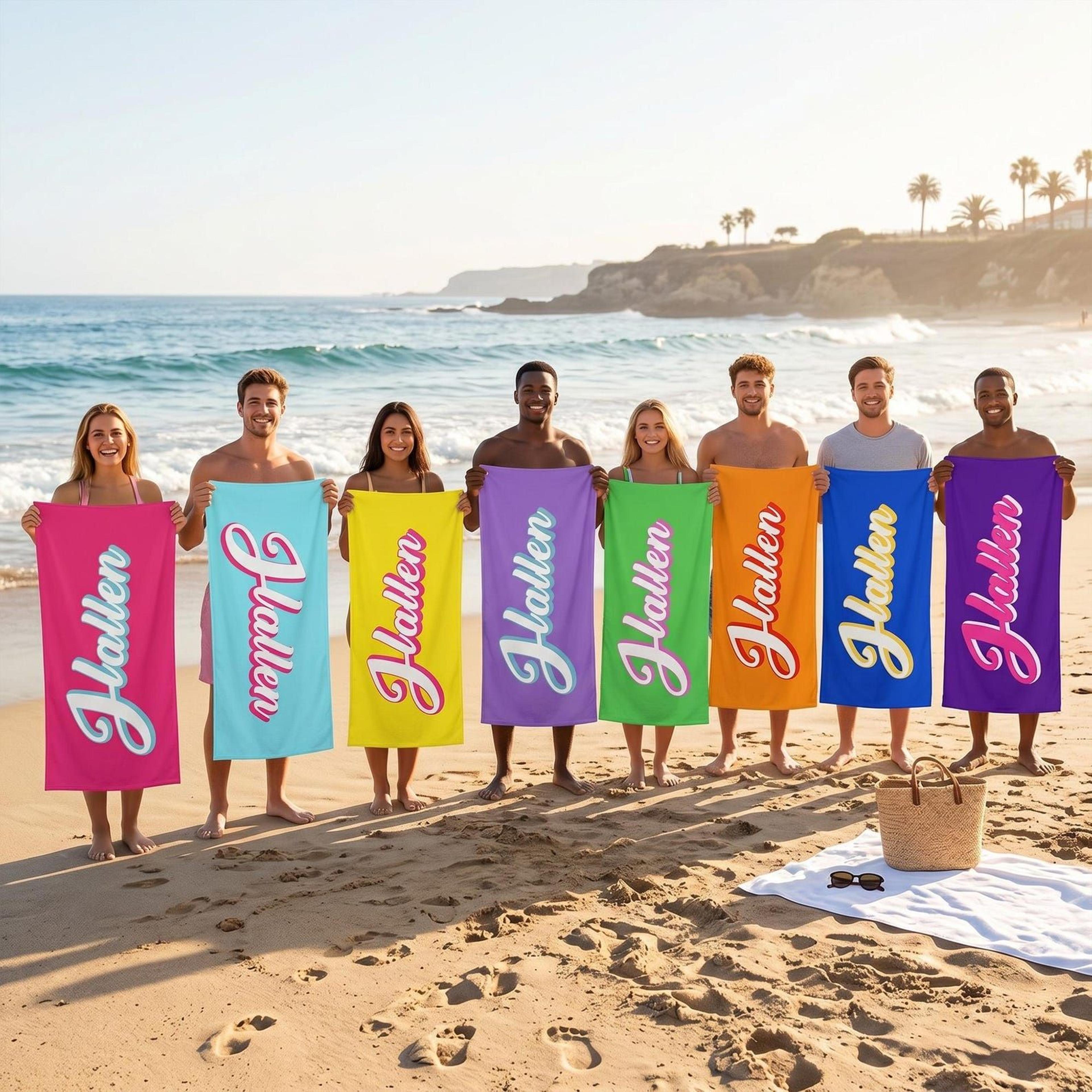 personalized retro script name beach towel custom pastel cursive pool towel