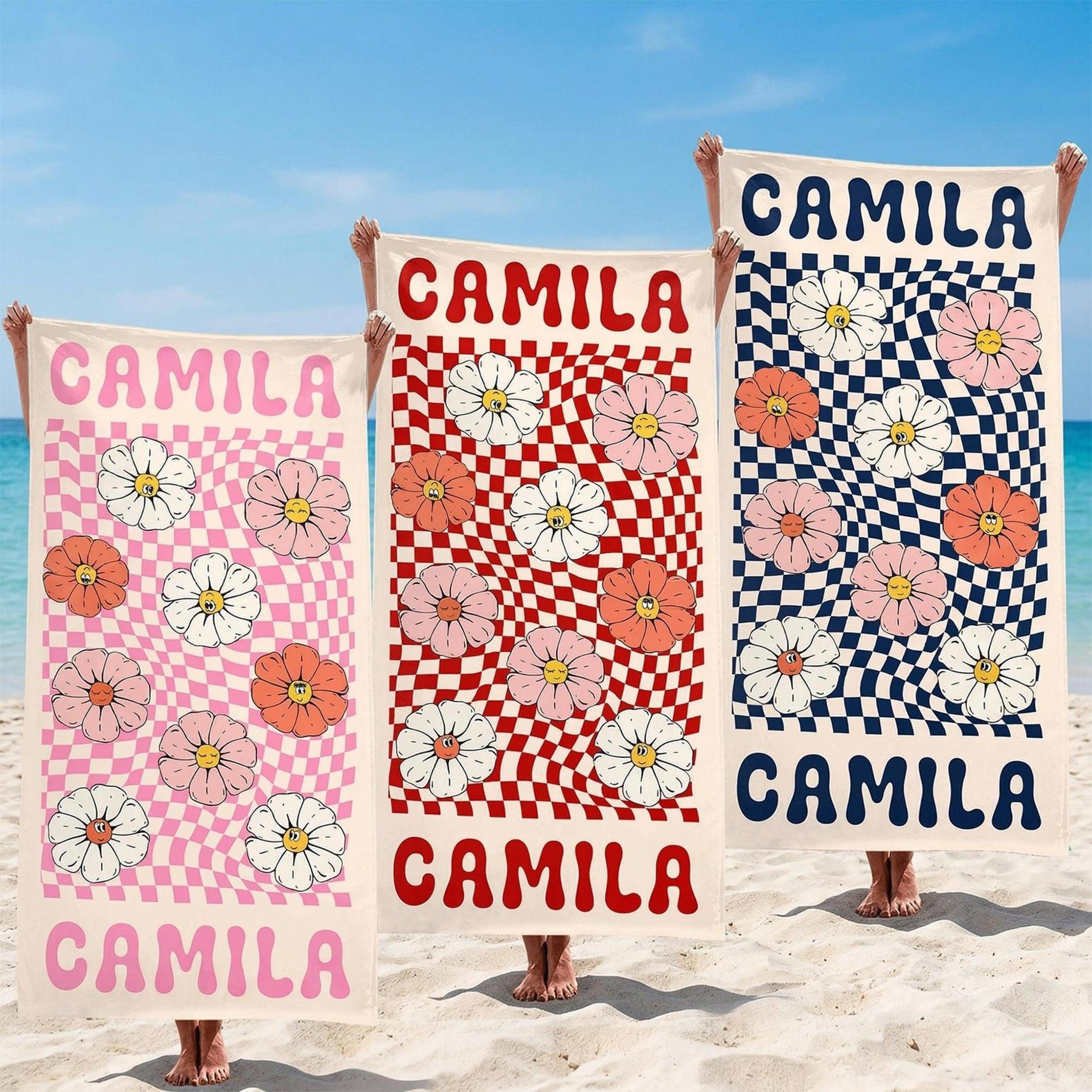 personalized checkerboard floral beach towel with name retro daisy summer towel