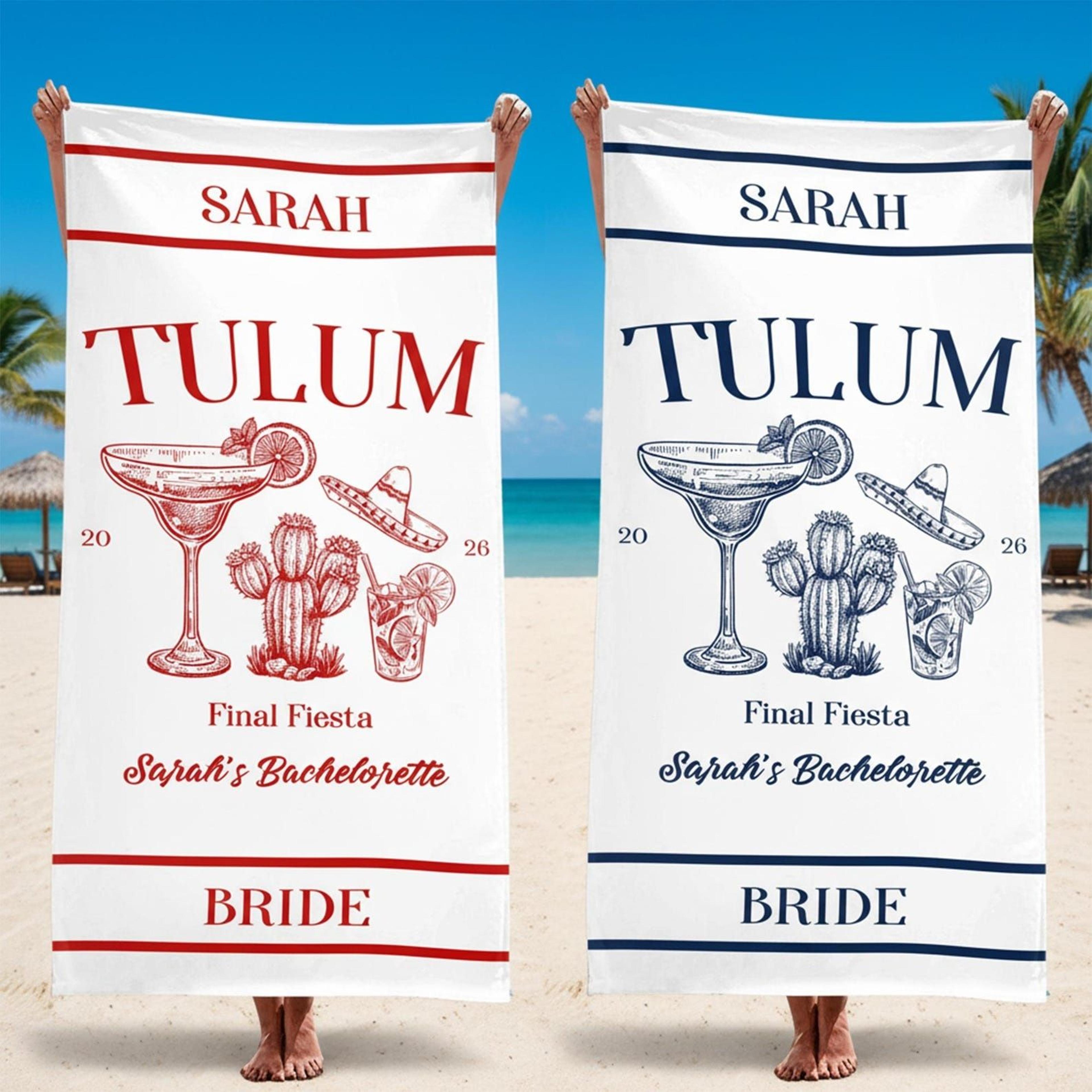 personalized bachelorette beach towel with name custom bride tribe vacation towel